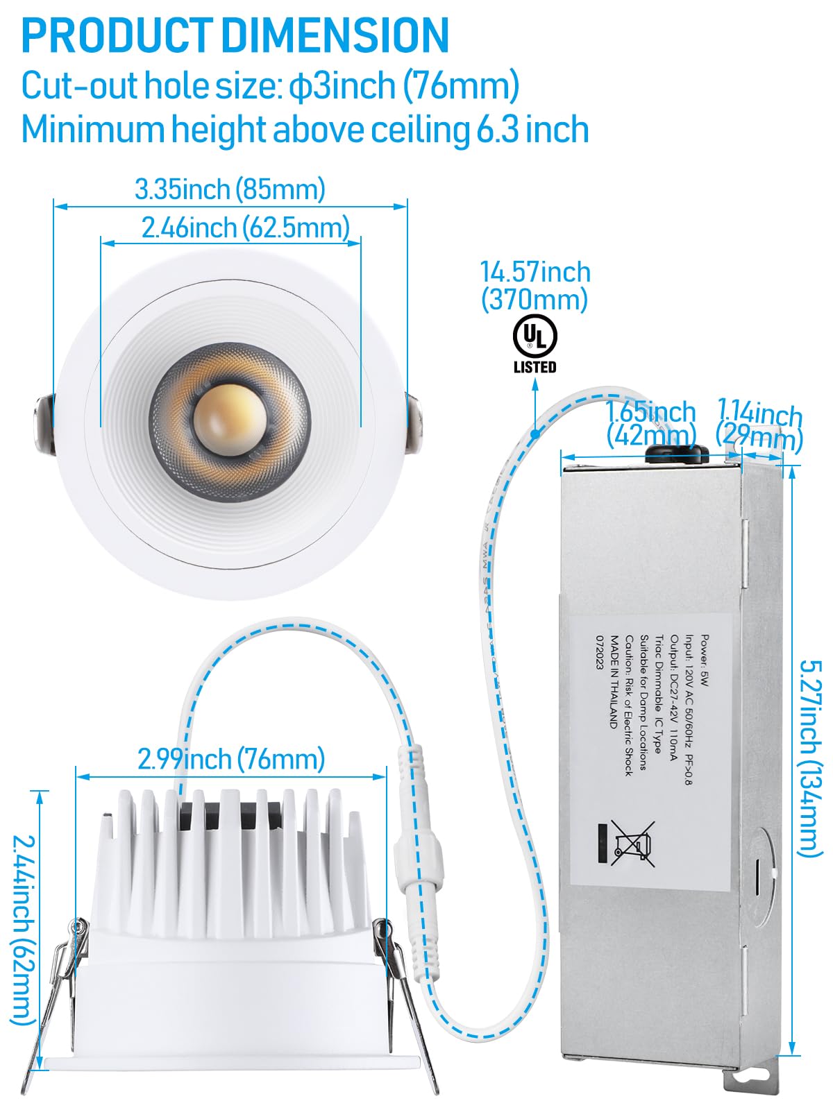 TORCHSTAR 5CCT 3 Inch Recessed LED Lights with Junction Box, Narrow Frame Baffle Trim, Aluminum, 9W 700LM CRI90 Dimmable Anti-Glare Downlight, IC Rated, ETL, 2700-5000K Selectable, Pack of 6