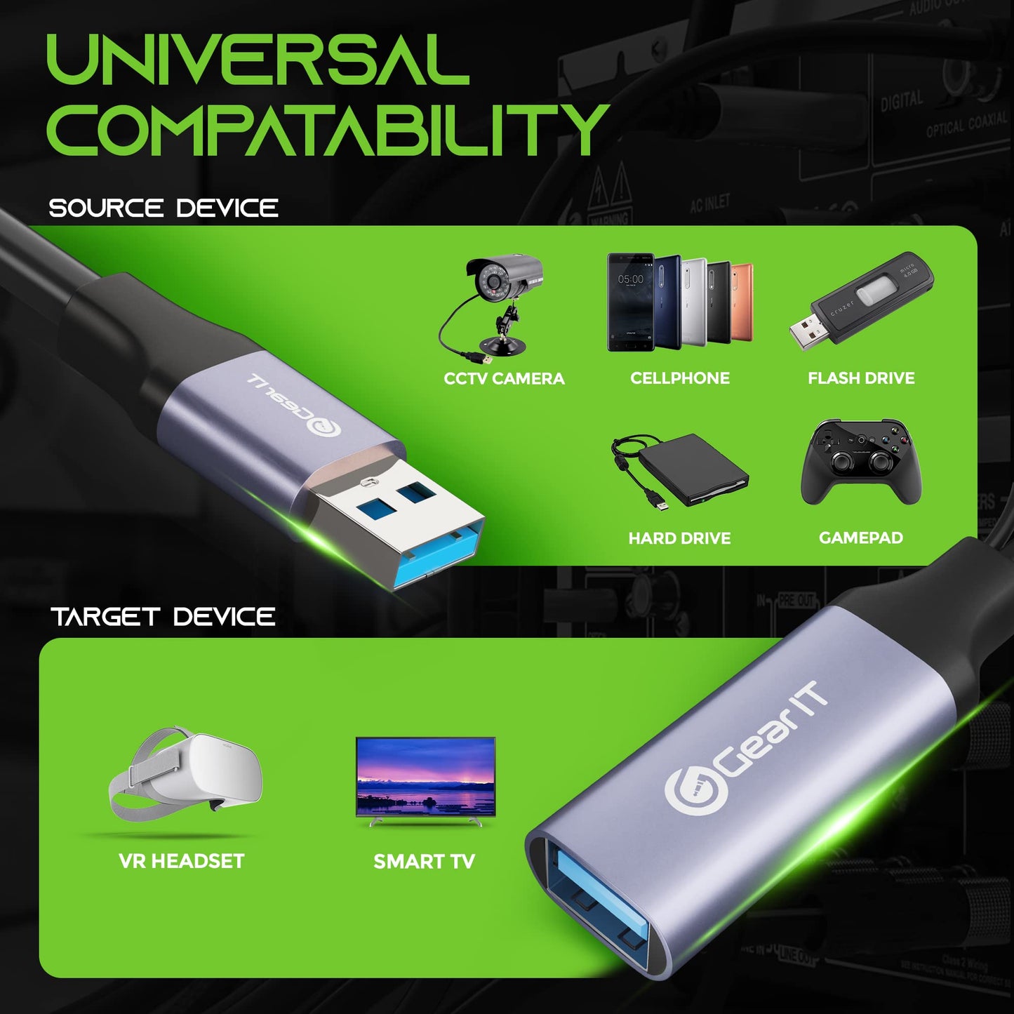 GEARit USB 3.0 Active Extension Cable (30 Feet) A-Male to A-Female USB Repeater with Signal Booster for Oculus Rift, Quest Link, Xbox 360 Kinect, PlayStation, Printer, Webcam - 30ft