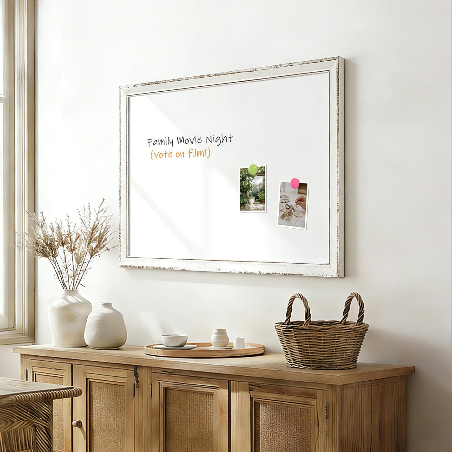 QUEENLINK White Board for Wall, 24" x 18" Magnetic Dry Erase Board, Rustic Wooden Frame Decorative Whiteboard, Wall Mounted, Distressed Whitewash, Aesthetic Writing Board for Home, Office, School