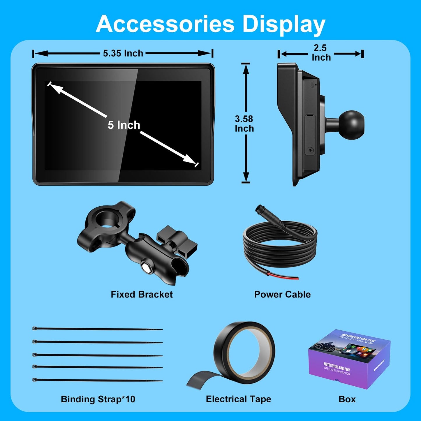 YCV 5" Wireless CarPlay for Motorcycle Touchscreen with Android Auto, HD Waterproof Screen Portable GPS Navigastion System, Support Bluetooth Call, Music Play, Siri, Google Assistant, Vioce Control