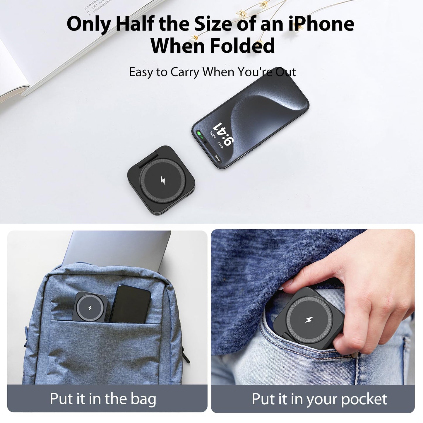 KU XIU Fast Wireless Charger, Magnetic Foldable 3 in 1 Charging Station for iPhone 16/15/14/13/12/Pro/Plus/Pro Max, 5W Portable Charger for Apple Watch9/8/7/6/5/4/3/SE, for Airpods3/2/Pro-Black