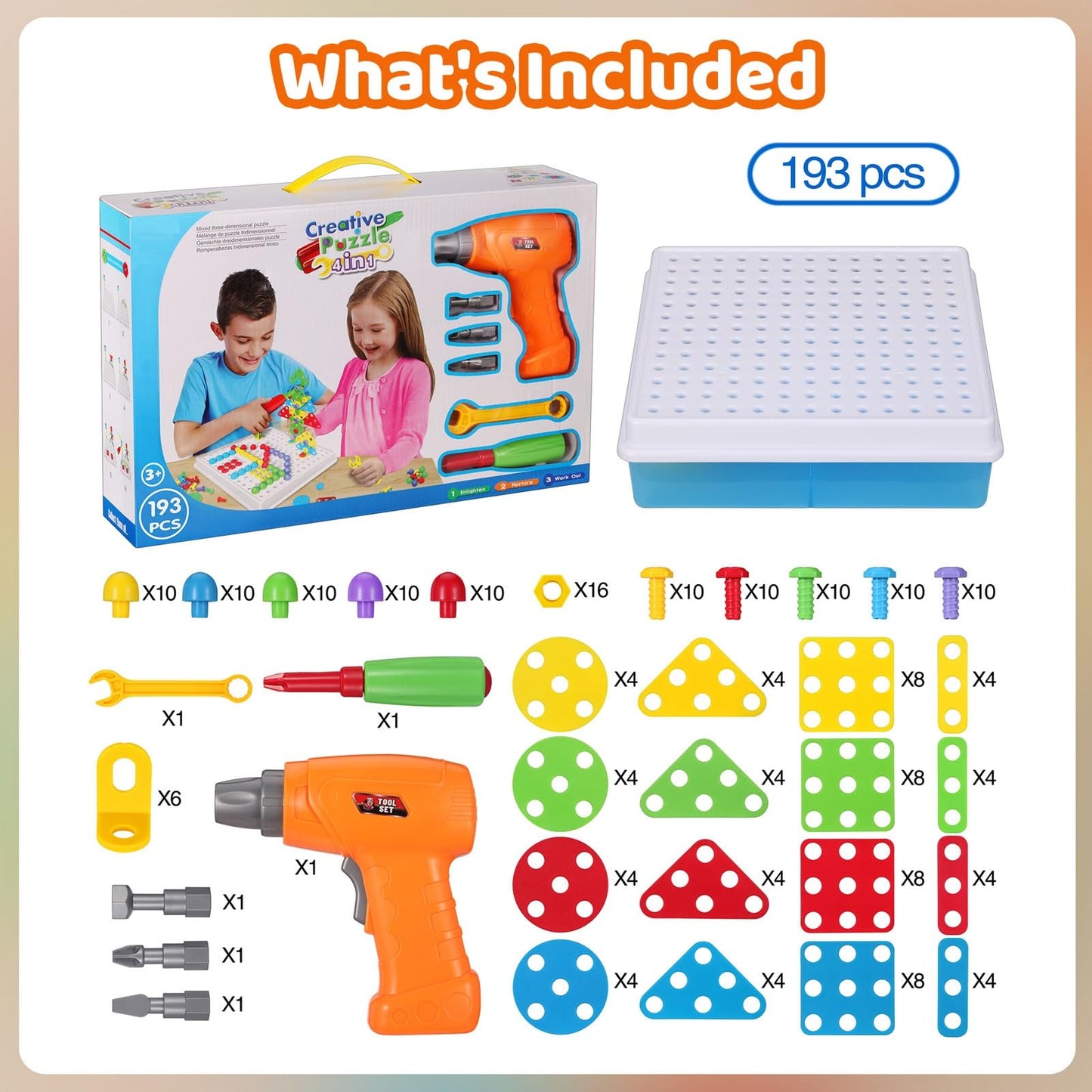 Creative Building Toys Mosaic Drill Set, Power Tools for Kids with Screwdriver Toy, Workshop Games for 3 4 5 6 7 8 Years Boy and Girl, Educational Toy