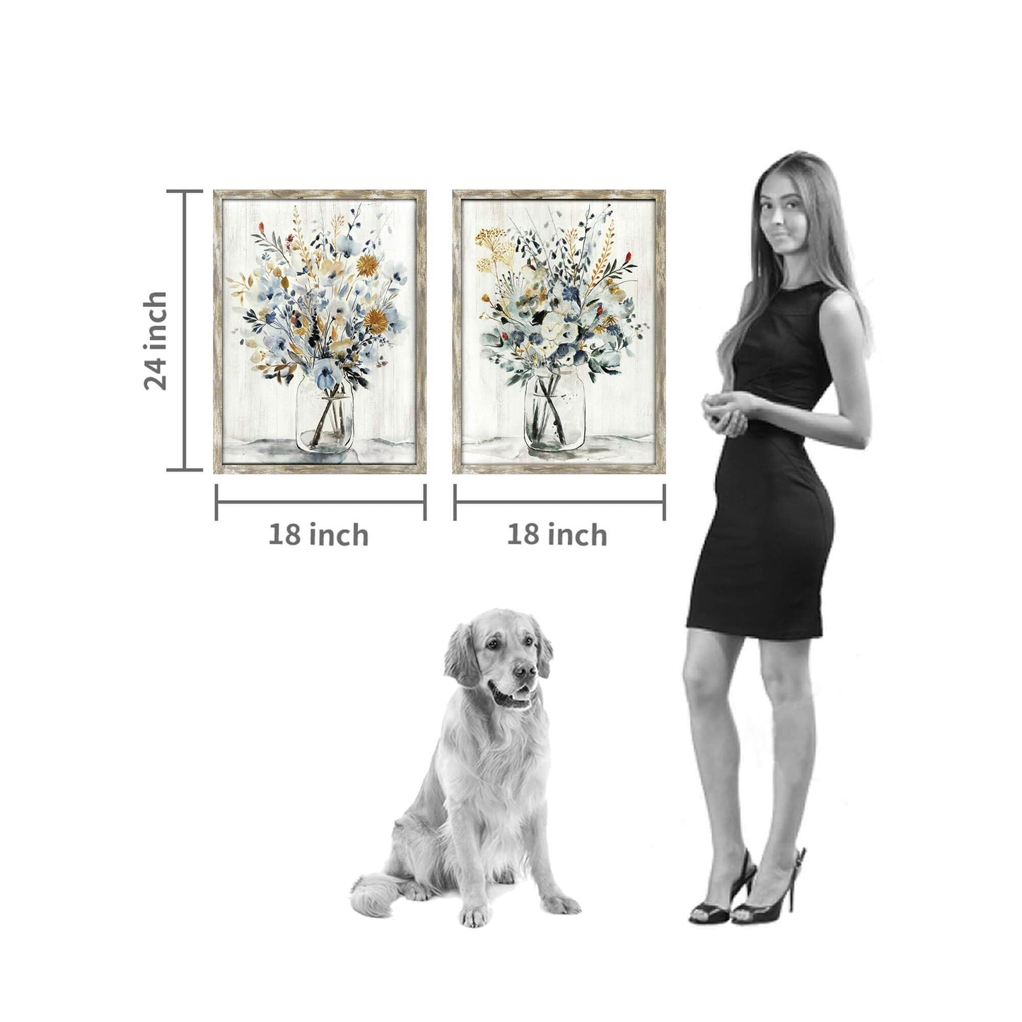 Floral Picture Wall Art Painting: Blossom Bouquet Flowers Print on Rustic Wood and Handcrafted Wooden Framed Artwork for Home and Kitchen (18” x 24” x 2pcs)