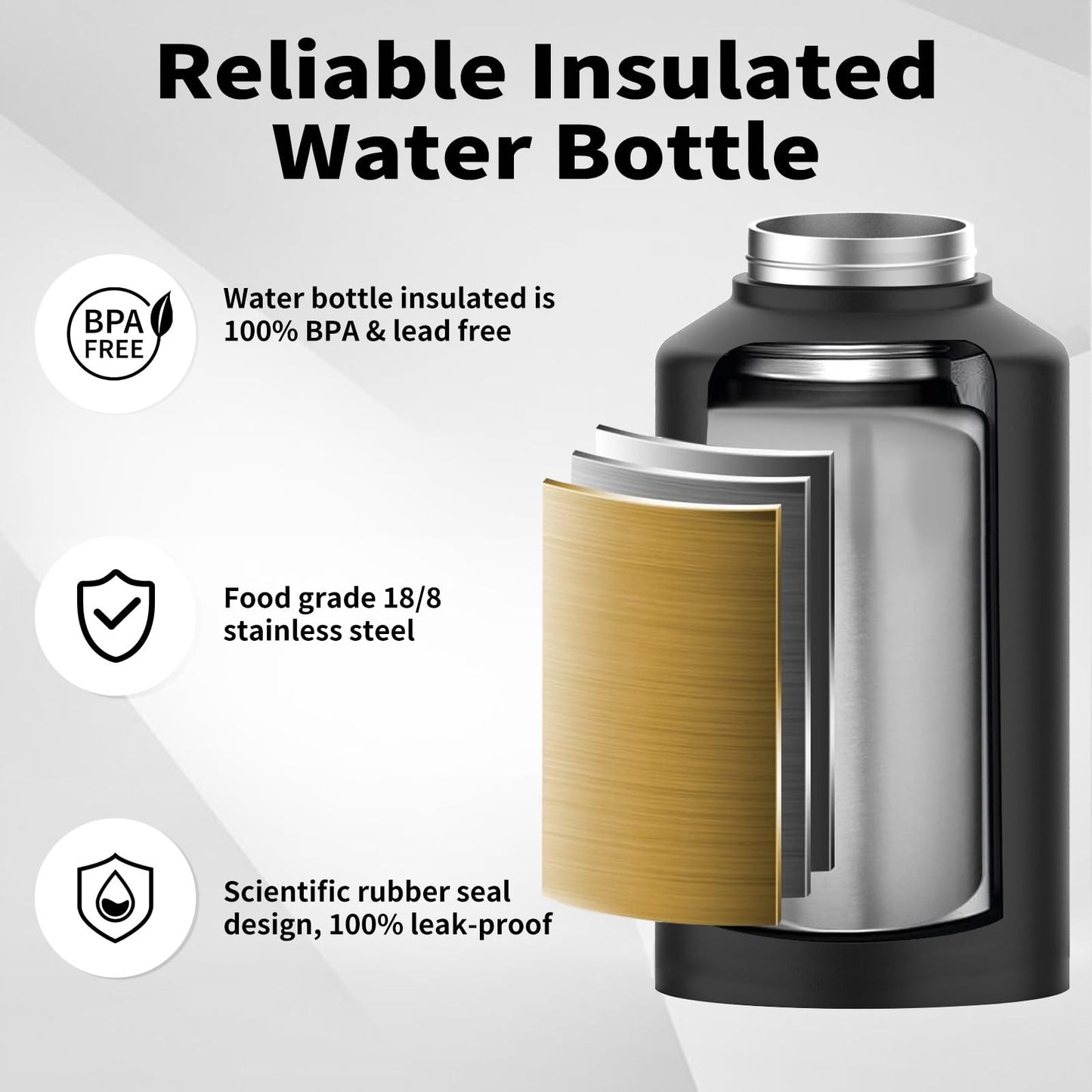 WATERSY 1.5 Gallon Water Bottle Insulated(Cold for 48 Hrs),BPA Free&Leak Proof,196oz Stainless Steel Water Jug,Big thermos,Large Water Bottle with Handle for Gym,Hiking,Camping&Travel,Black