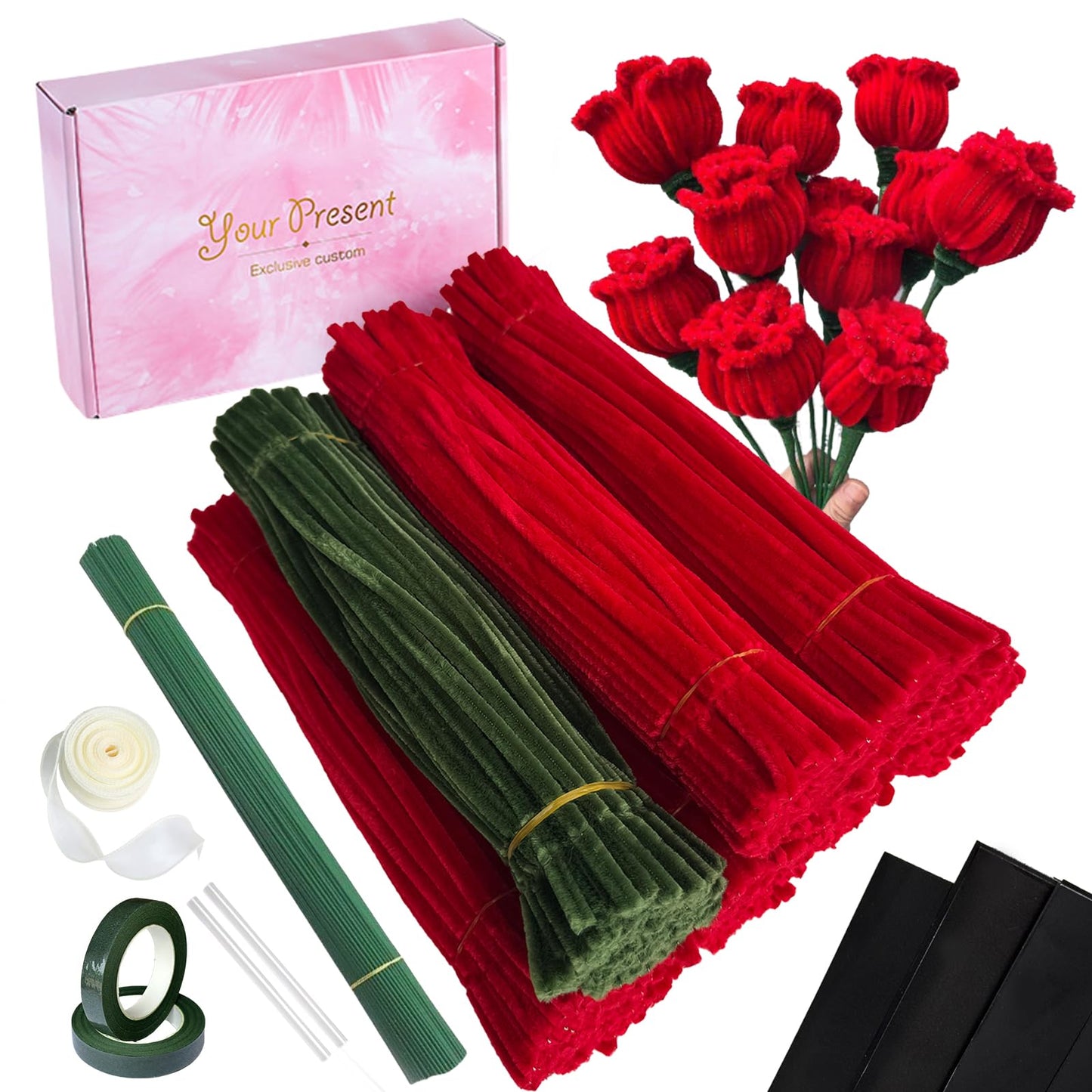 Chenille Stems Pipe Cleaners,Roses DIY Flower Bouquet Kit 700pcs(Red and Green) Flower Making Craft Materials(32Flowers),Art and Craft Supplies