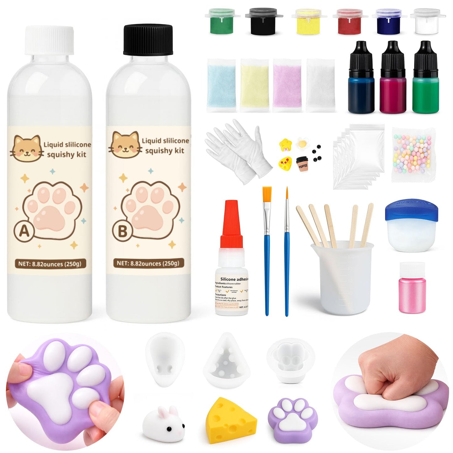 GDDP Squishy Making Kit, 18oz DIY Liquid Slilicone Squishy Kit, Liquid Silicone 1:1 AB Ratio Epoxy Resin Mix with 3 Molds(Cat Claw, Cheese, Rabbit)