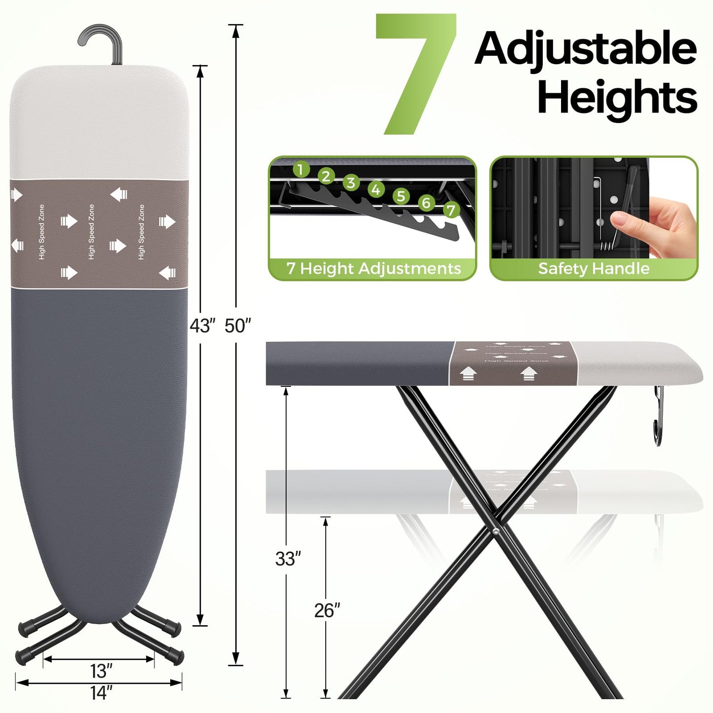 Foldable Ironing Board Standard Size, Iron Board Table Stand Foldable, Space-Saving Iron and Ironing Boards Set, Folding Ironing Boards Full Size with High Speed Zone and Hanging Hook 13x43 Warm Gray