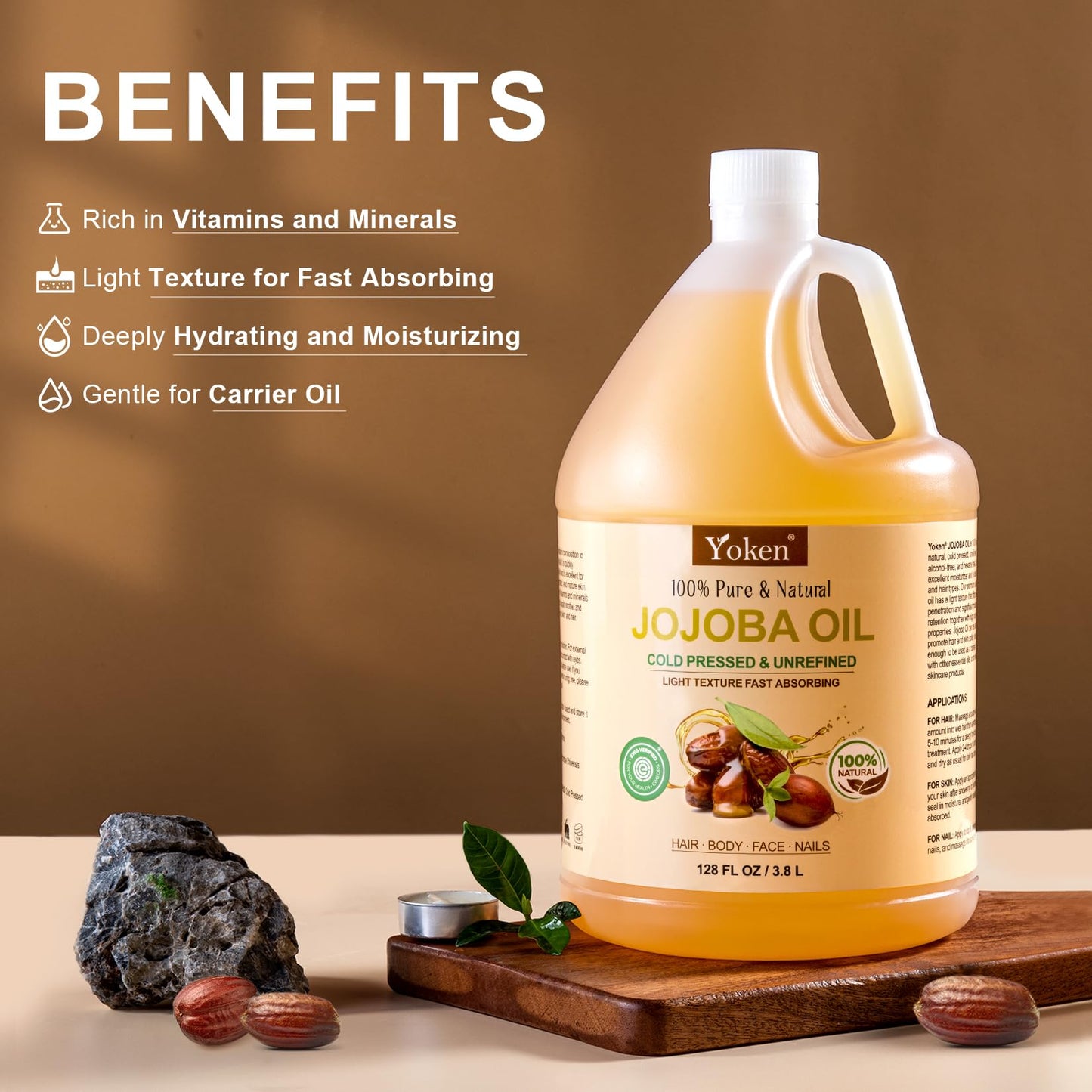 Yoken 1 Gallon Jojoba Oil EWG Verified - 100% Pure Jojoba Oil Bulk Cold Pressed Unrefined Hexane Free Virgin Golden Jojoba Carrier Oil for Hair Skin Massage DIY Natural Body Moisturizer