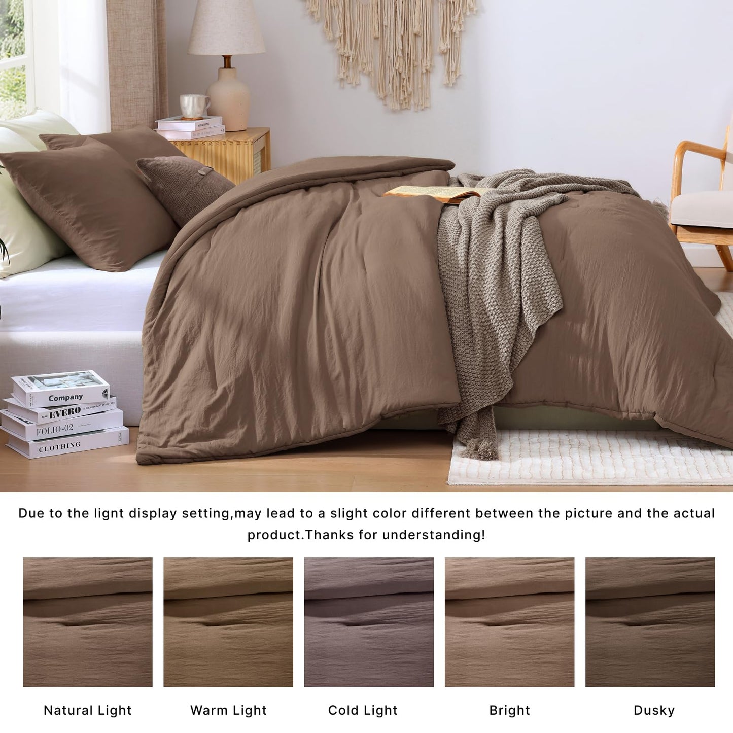 WRENSONGE Queen Comforter Set - 3 Pieces Prewashed Brown Comforter Soft Lightweight for All Seasons,Down Alternative Comforters Queen Size with 2 Pillow Shams