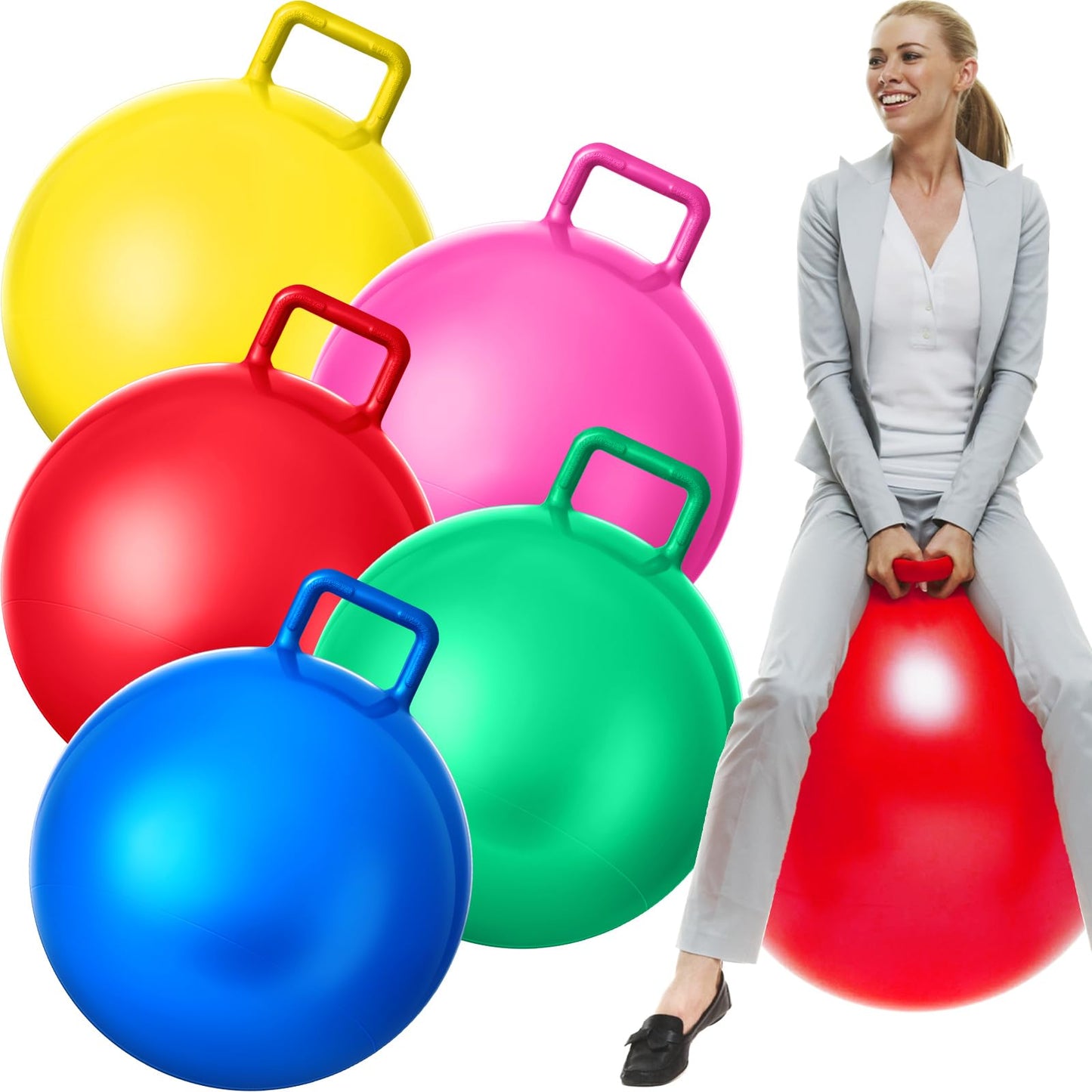Lewtemi 5 Pcs Hopper Ball Outdoor Games Jumping Hopping Inflatable Bouncing Ball with Handle and Air Pump for Kids Adults Sport Field Playground Exercise Obstacle Course(31 Inch)