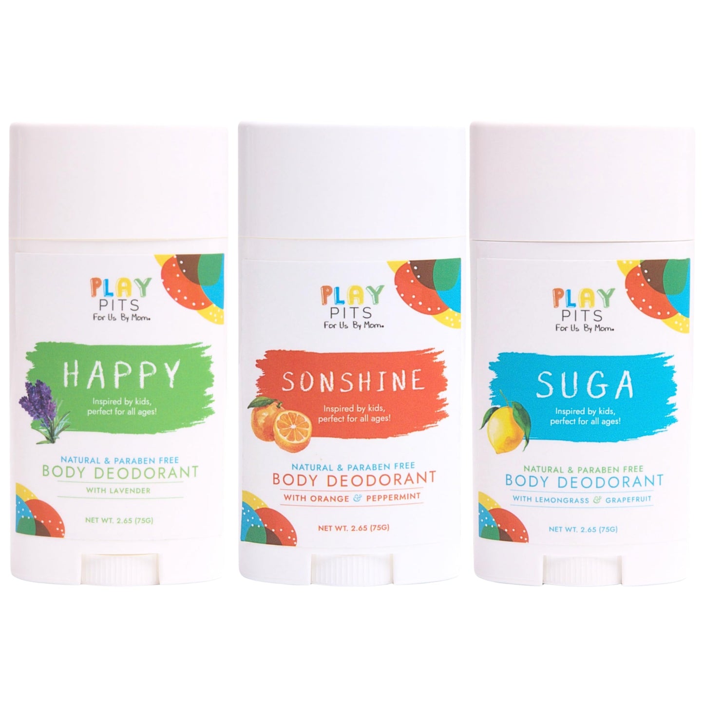 PLAY PITS - Natural Kids Whole Body Deodorant - Safe for Girls & Boys w/Sensitive Skin of All Ages - Clean & Paraben Free – SUGA, SONSHINE, & HAPPY - Infused w/Essential Oils – Variety 3 pack