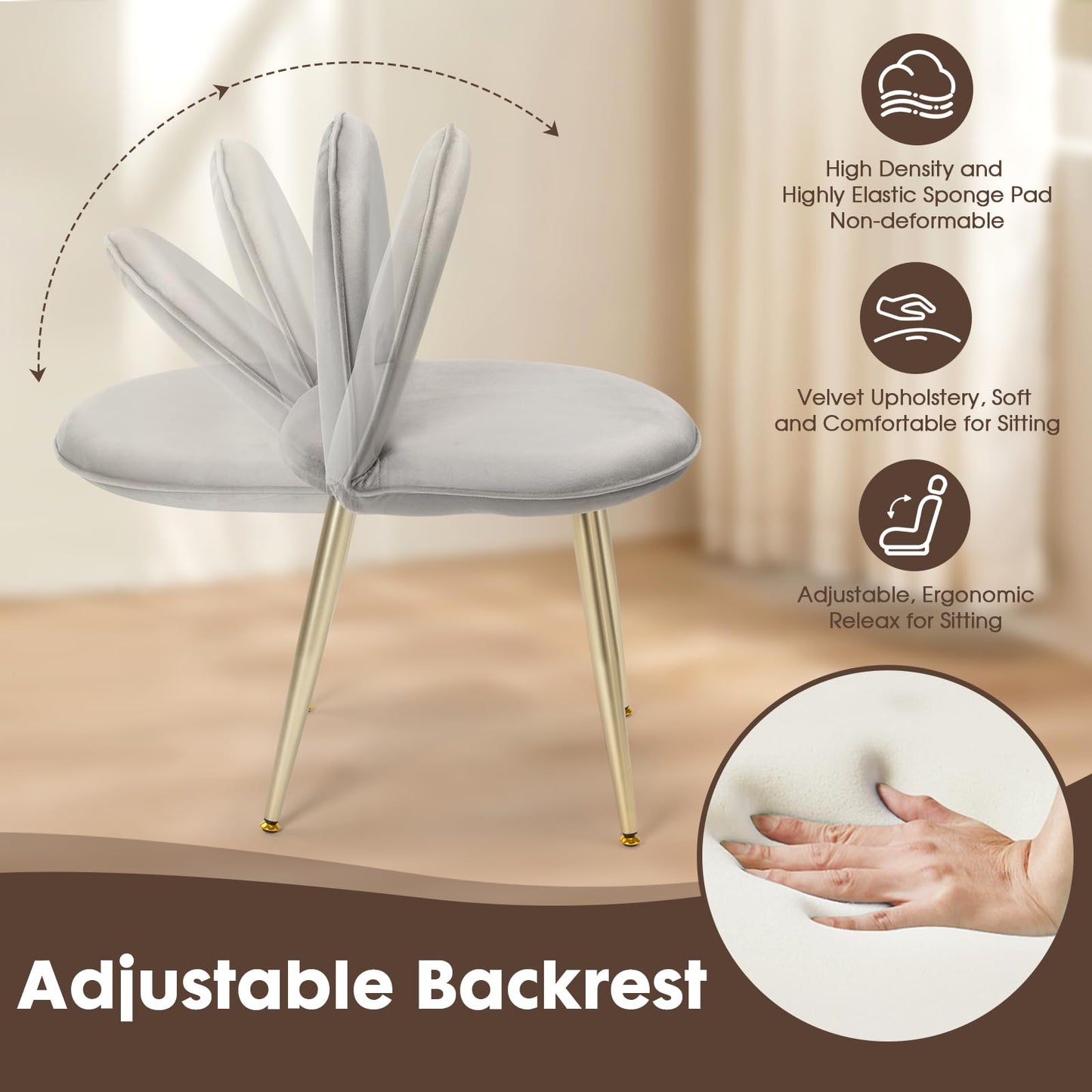 2BYF Home Sherpa Vanity Chair with Adjustable Backrest - Ergonomic Makeup Stool for Bedroom, Soft Upholstered Desk Chair for Home Office, Gold Metal Legs, Modern Seating for Small Spaces Gray