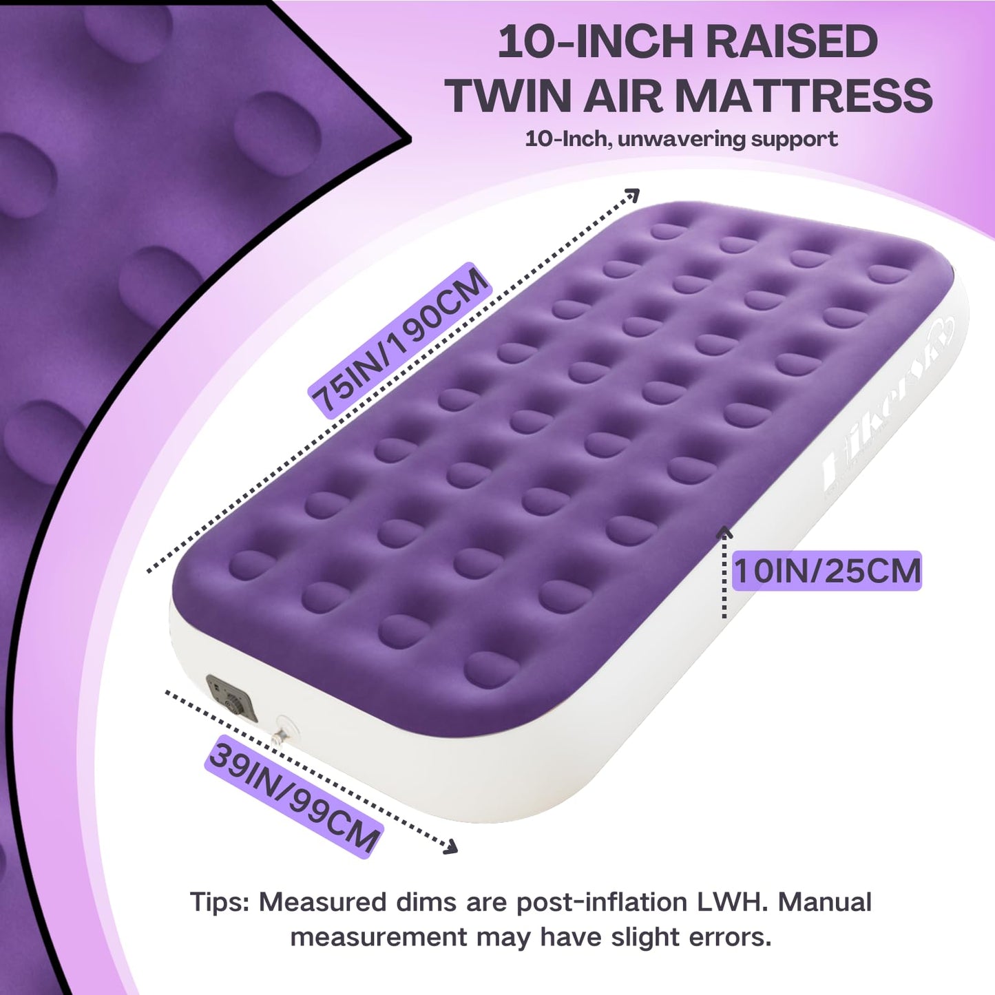 HikerSKY Twin Air Mattress with Built in Pump,10" Blow up Air Bed, 2 Mins Quick Self-Inflation/Deflation, Foldable Inflatable Mattress for Home/Travel, 10'' Twin Purple