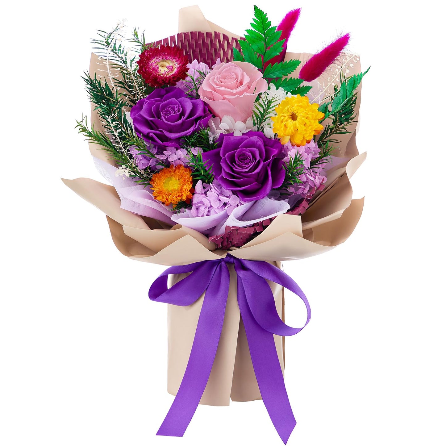 Flomoon Forever Flowers Gifts for Her, Preserved Flowers Bouquet Birthday Gifts for Women, Preserved Roses for Grandma Wife Anniversary Valentine's Day Mother's Day (Purple Paper)