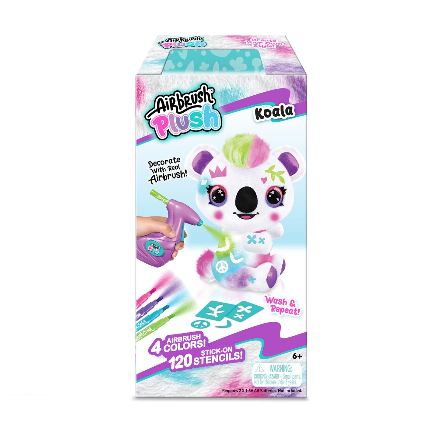 Canal Toys Personalize Airbrush Plush Large Koala! Decorate, wash, repeat! Customize your own spray art plush with markers, battery powered airbrush and 100+ stencils. Ages 6+