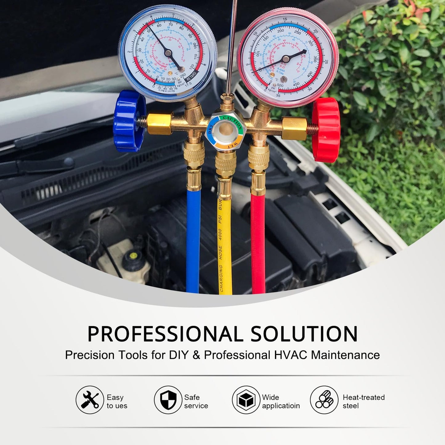 YSTOOL 3 Way AC Manifold Diagnostic Gauge Refrigerant Charging Set for Air Conditioner HVAC R134a R404a Freon with 5FT Hose R134a Adjustable Quick Couplers Can Tap Acme Adapter