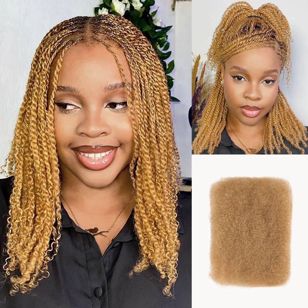 QVR Afro Kinkys Bulk Human Hair for Dreadlock Extensions Repair Locs 50 Gram/Pack,Honey Blonde 14inches Mini Spring Twist Braiding Afro Kinky Human Hair for LocKs