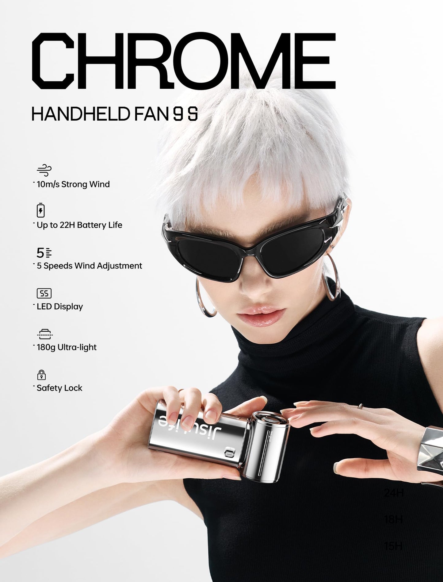 JISULIFE Portable Handheld Fan, Turbo Power High Speed Air [22H Max Cooling Time], 5 Gear Wind, 5000mAh Rechargeable, Mini Pocket Design, Personal Fan for Travel Concerts Camping Makeup - Chrome