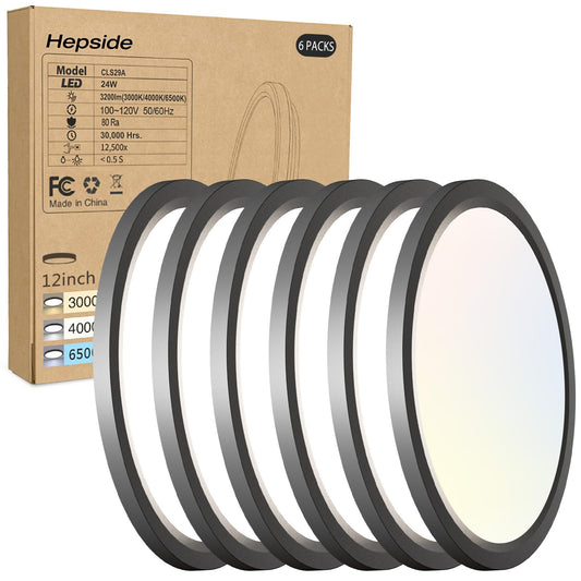 6PACK LED Flush Mount Ceiling Light - 3CCT Selectable 3000K-4000K-6500K & 150W Equivalent Modern Kitchen Recessed Ceiling Lamp 24W 3200Lm 12 Inch for Bathroom Closet Laundry Bedroom Hallway