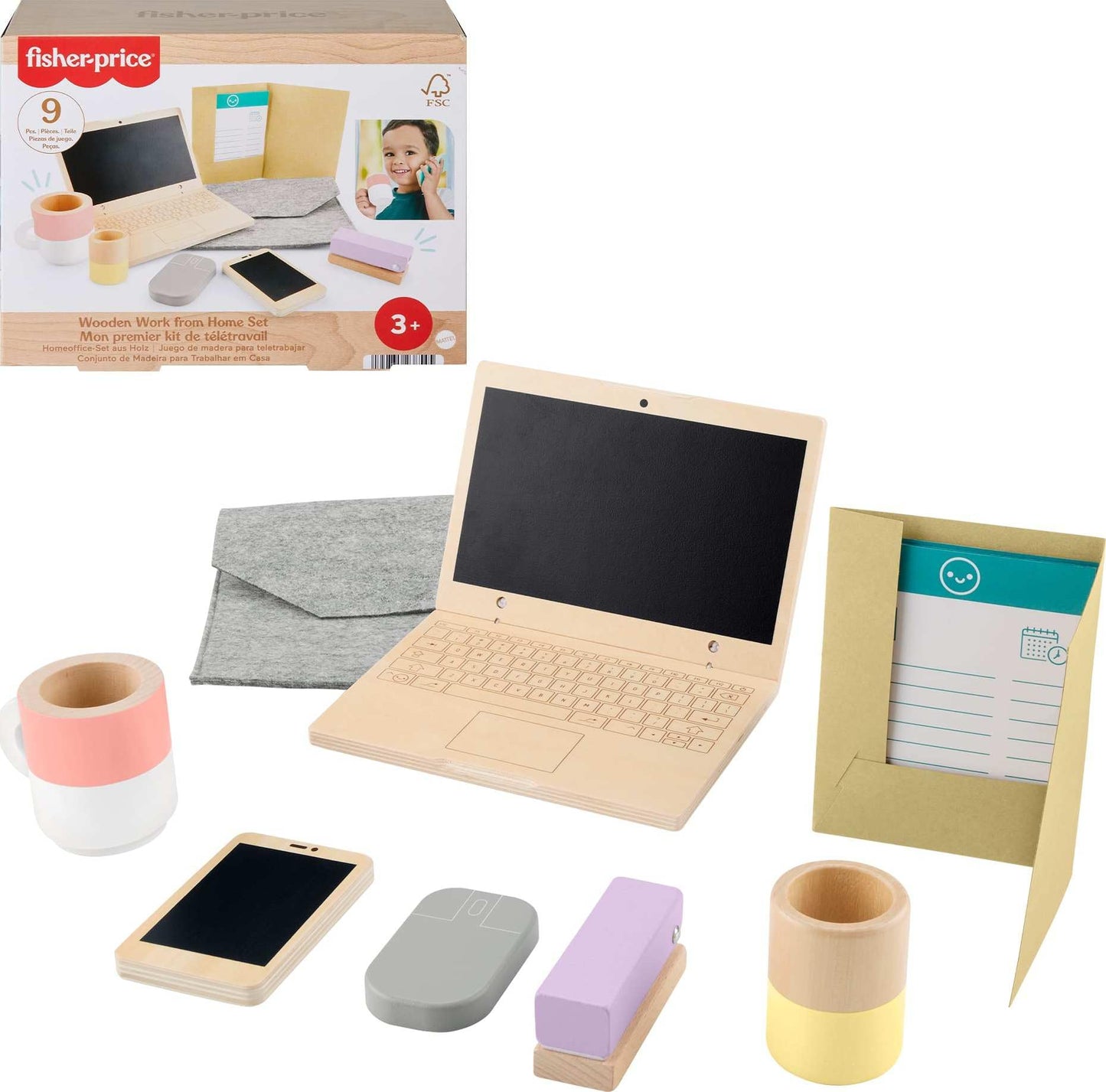 Fisher-Price Wood Pretend Play Work from Home Set, 9-Piece Office Playset with Wooden Toy Laptop & Phone for Preschool Kids Ages 3+ Years