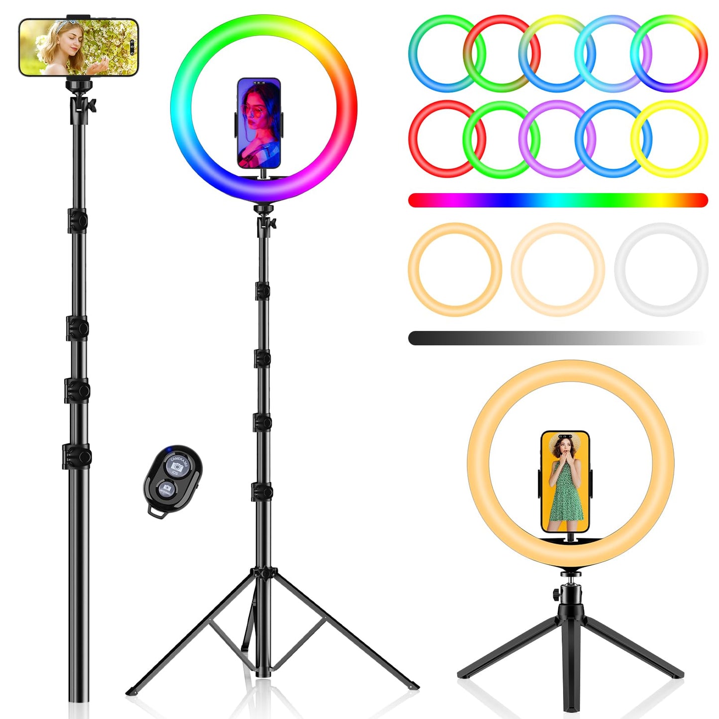 PEYOU 12" Selfie Ring Light with 73" Extendable Tripod Stand with 【Desk Ring Light 】 38 Color Modes, Upgrade 3 in 1 Dimmable Adjustable Speed Ring Light for Makeup/Live Stream/Photograph