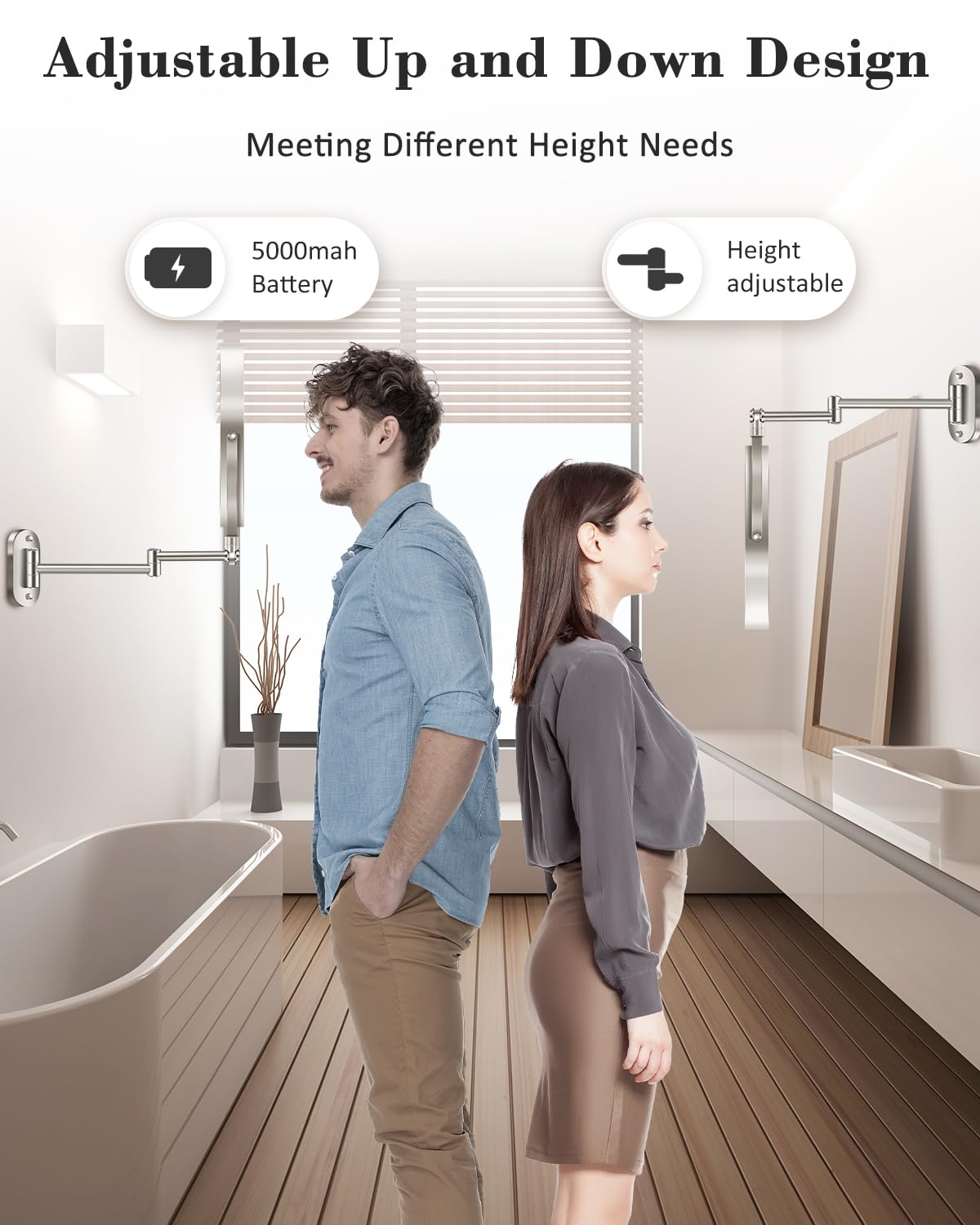 9'' 30X/1X Wall Mounted Lighted Makeup Mirror, Height Adjustable Double Sided 5000mAh Rechargeable Magnifying Bathroom Mirror with Light, 3 Color Modes Touch Dimmable Extended Arm 360 Rotation