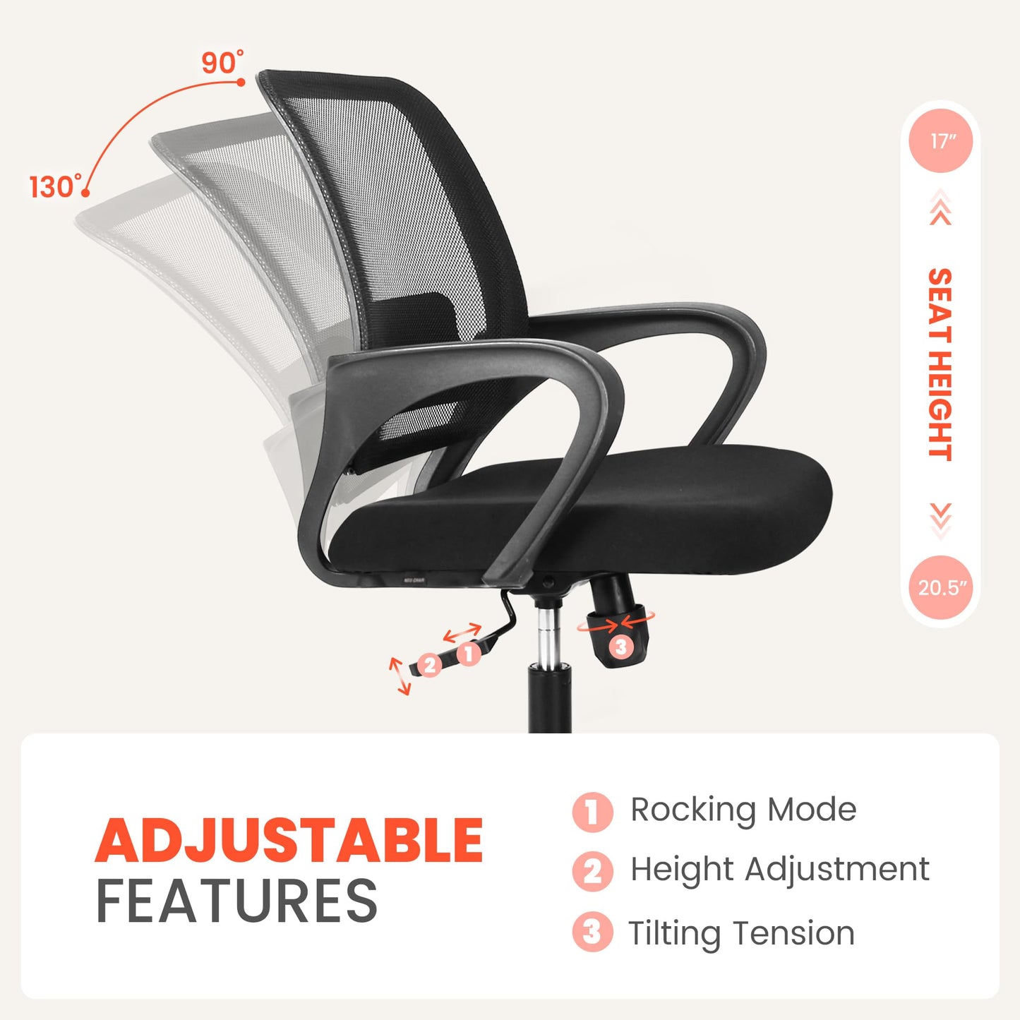 NEO CHAIR Office Desk Ergonomic Computer Mesh Chair with Lumbar Mid Back Support Adjustable Height Swivel Rolling Wheels Comfy Task Vanity Chair for Home Bedroom Study (Black)