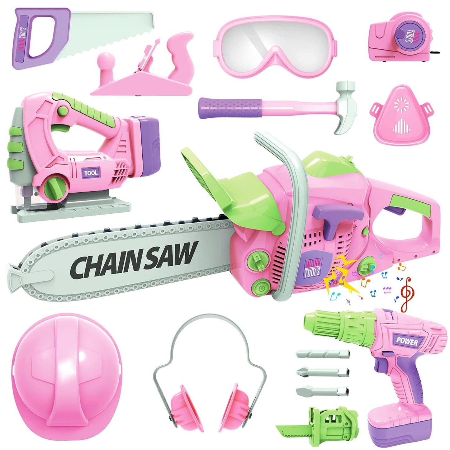 EP EXERCISE N PLAY 18 Pieces Kids Tool Set Pretend Play Construction Tool Accessories with a Tool Box Including Toy Electric Drill (Pink+), Medium, OYG606-3