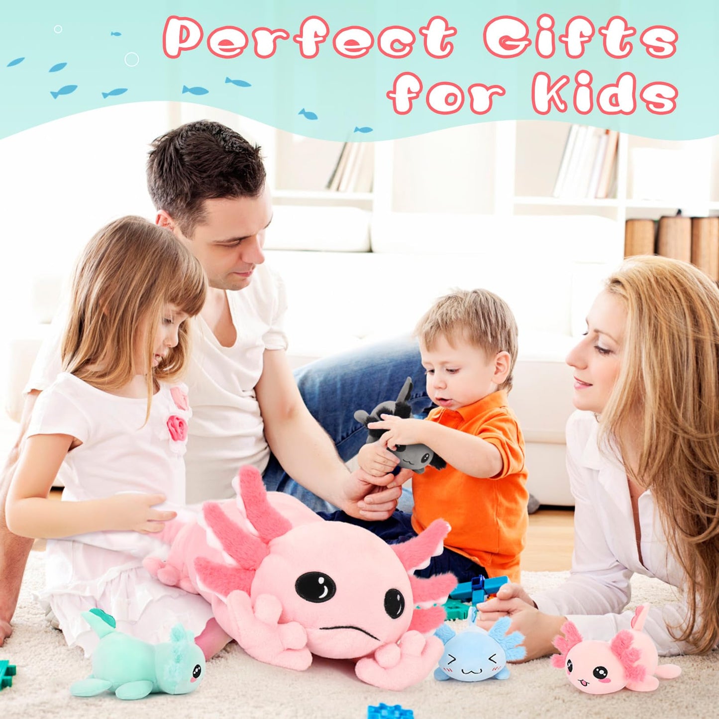 Tezituor Giant Axolotl Stuffed Animal with 4 Babies,31.5" Luminous Axolotl Plush Pillow Toy Realistic Soft Axolotl Plushies Birthday Gifts for Boys Girls