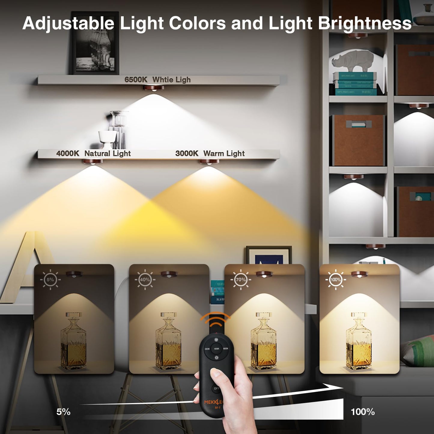 MEKKLEON Puck Lights with Remote Control Rechargeable,Wireless Under Cabinet Lighting,2000mAh Battery Operated Tap Push Touch Lights,Stick On Lights for Counter,Shelf,Bookcase (Wood Color, 5 Pcs)