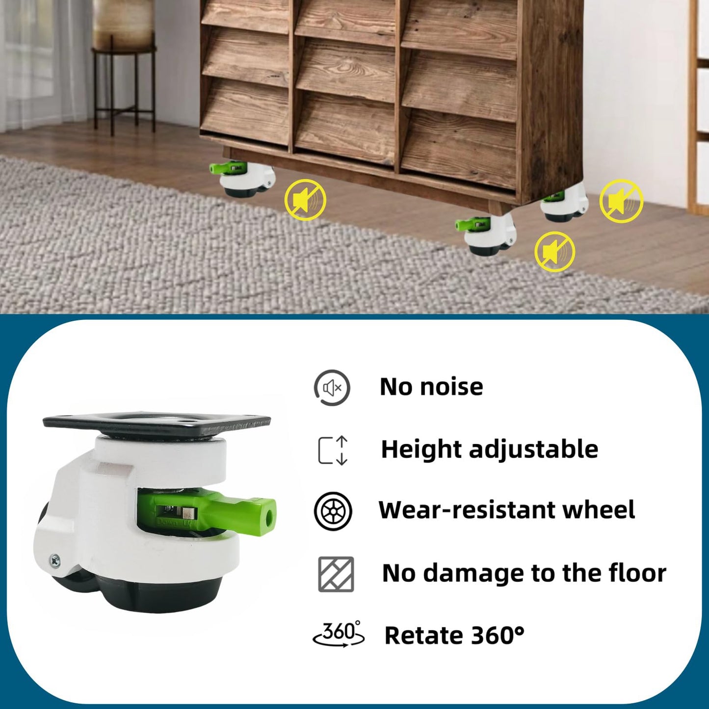 4 Pack Leveling Casters with Ratchet Handle, Adjustable Heavy Duty Casters, Retractable and 360 Degree Swivel Castors, Quiet and Floor-Friendly, for Workbench, Equipment, Swivel Castor Wheels (T60)