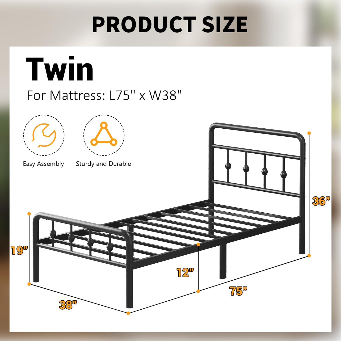 Lutown-Teen 12 Inch Twin Bed Frames with Victorian Vintage Headboard and Footboard, No Box Spring Needed, Heavy Duty Metal Mattress Foundation, Noise Free, Easy Assembly, Black