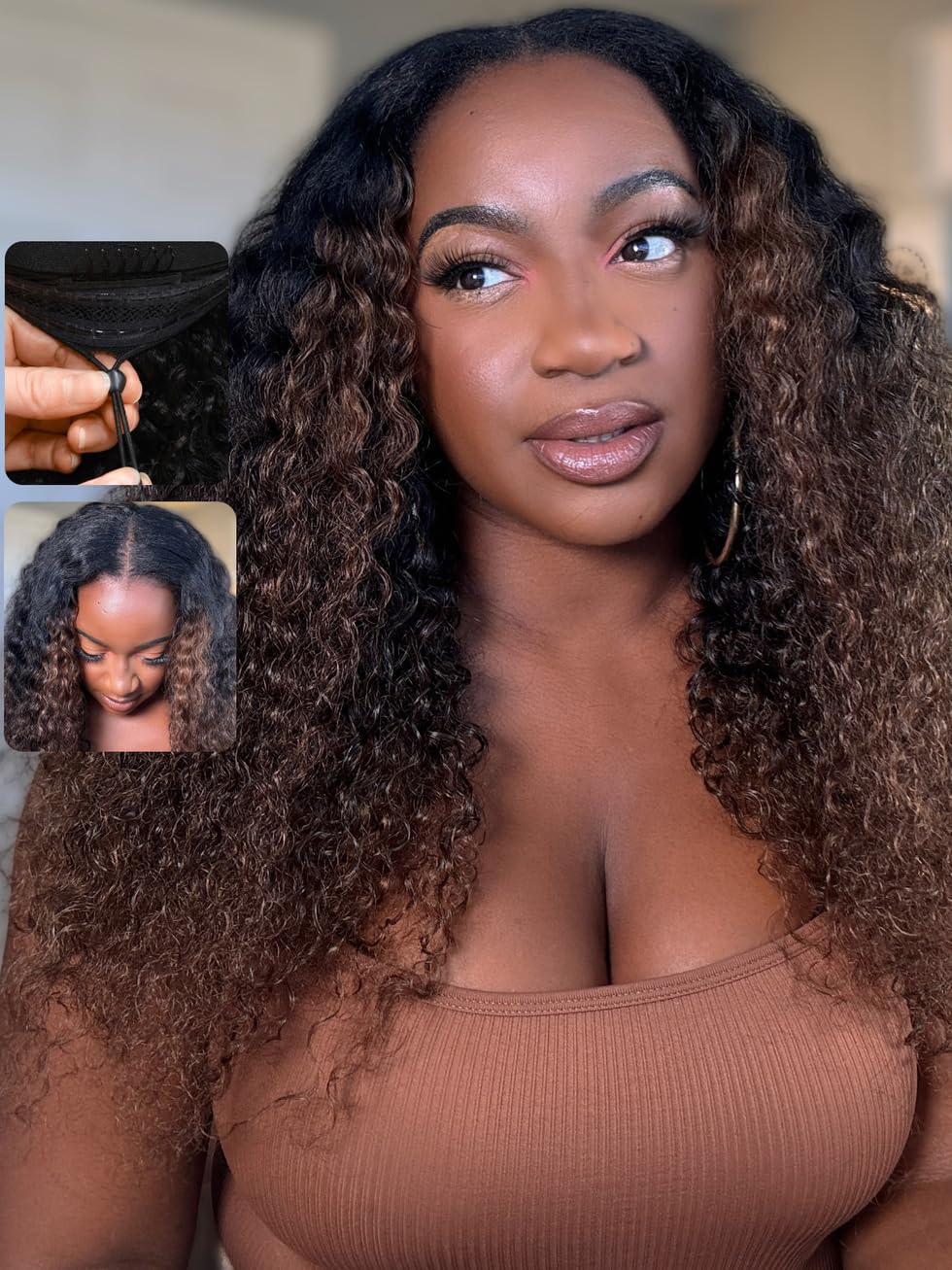 UNICE EasiContour V Part Wigs Human Hair Jerry Curly Ombre Chestnut Brown Glueless Wigs Human Hair Clip in Vpart Wig Minimal Leave Out Upgrade U Part Human Hair Wig Beginner Friendly 14 inch