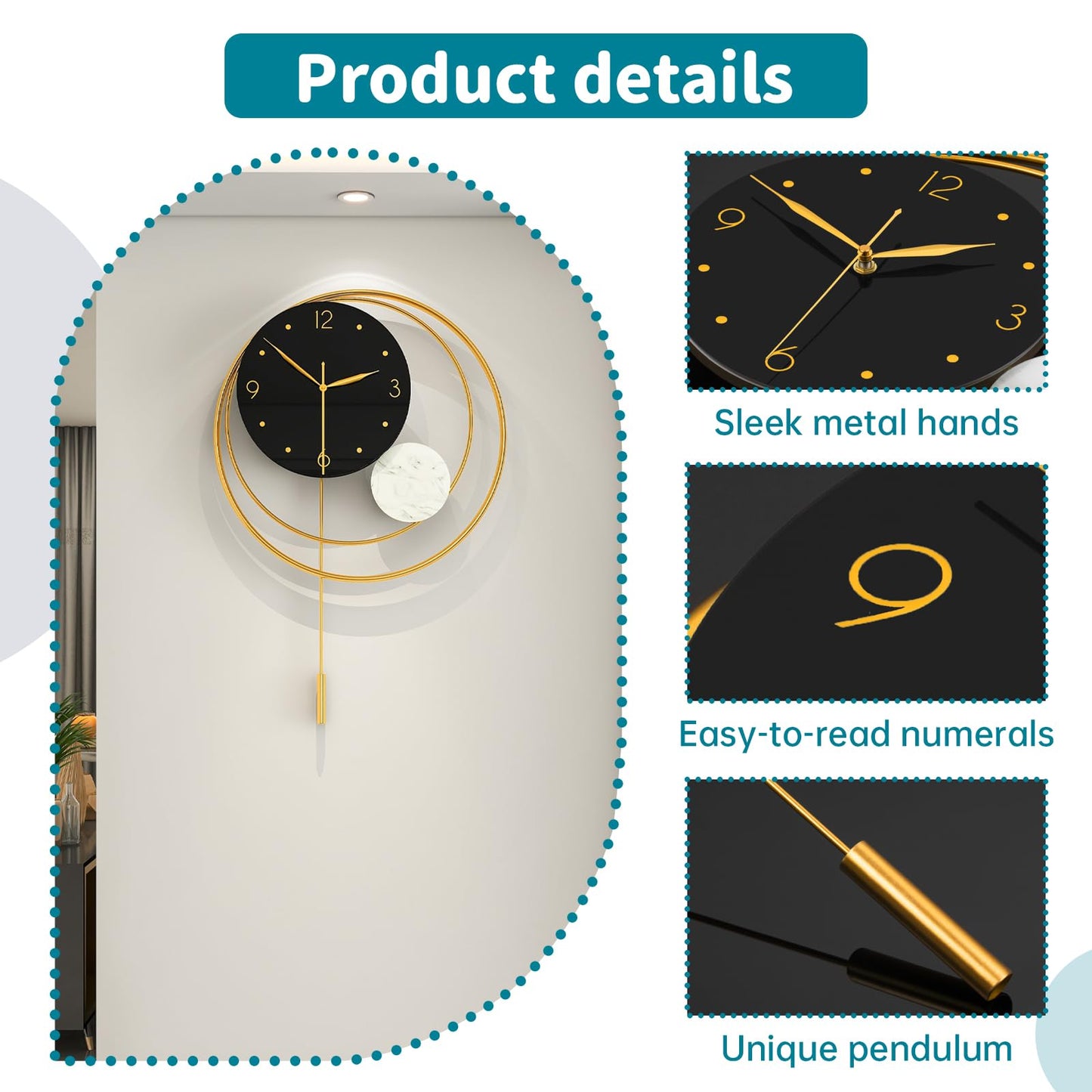 YIJIDECOR Large Wall Clocks for Living Room Modern Pendulum Wall Clock Battery Silent Non Ticking Operated Gold Metal Wall Art forBedroom,Kitchen,Farmhouse,Office,Home Decor 15.7x23.6 inches