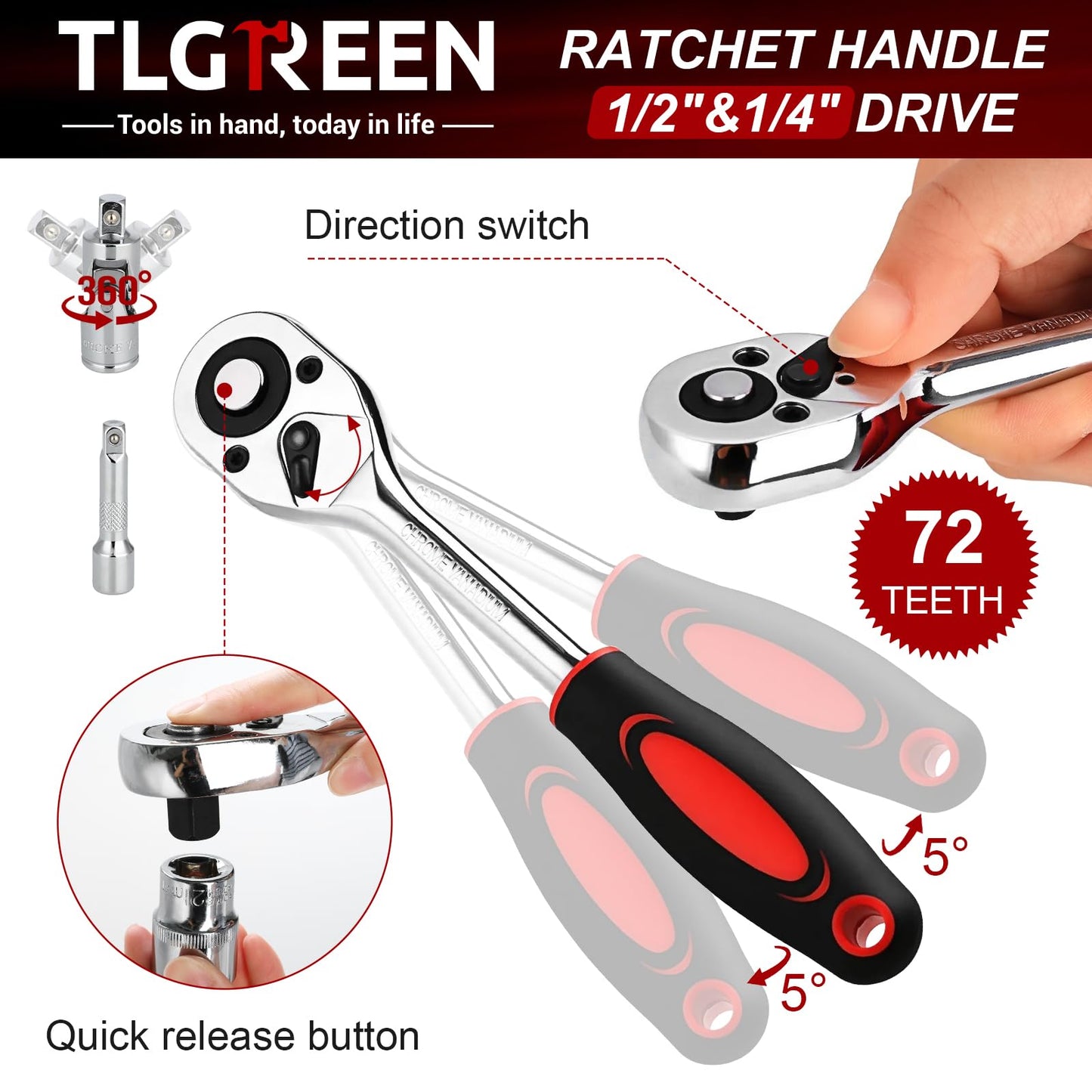 TLGREEN 108 Pcs Mechanic Socket Tool Kit,CR-V Steel Metric And 1/4" & 1/2" Ratchet set,Universal Joint,Extension Bars,Adapter,Quick Release Ratchet Wrench,Tool Box Set for Car Garage Dorm