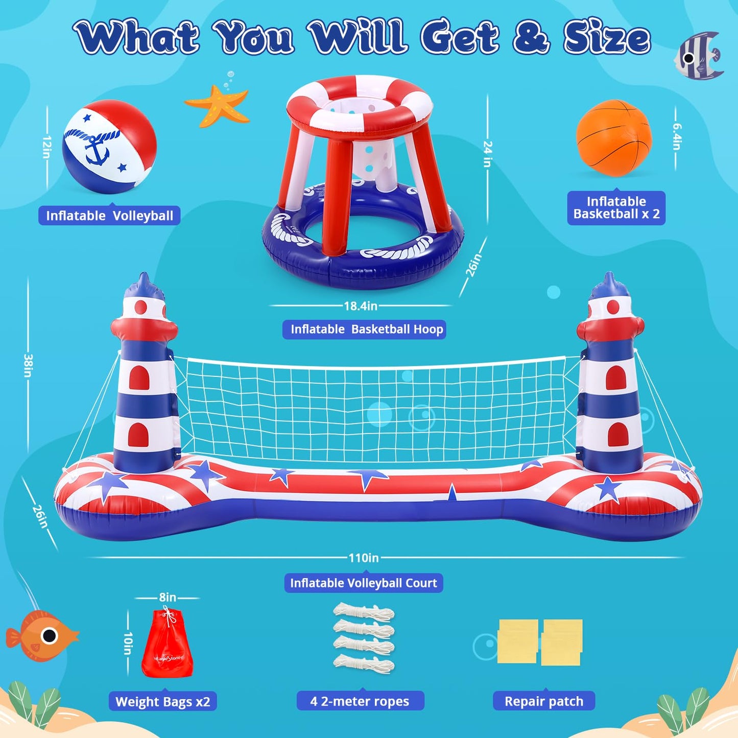 EagleStone Swimming Pool Volleyball Net Set with Basketball Hoop,Inflatable Pool Floats Set American Flag Volleyball Net & Basketball Hoops
