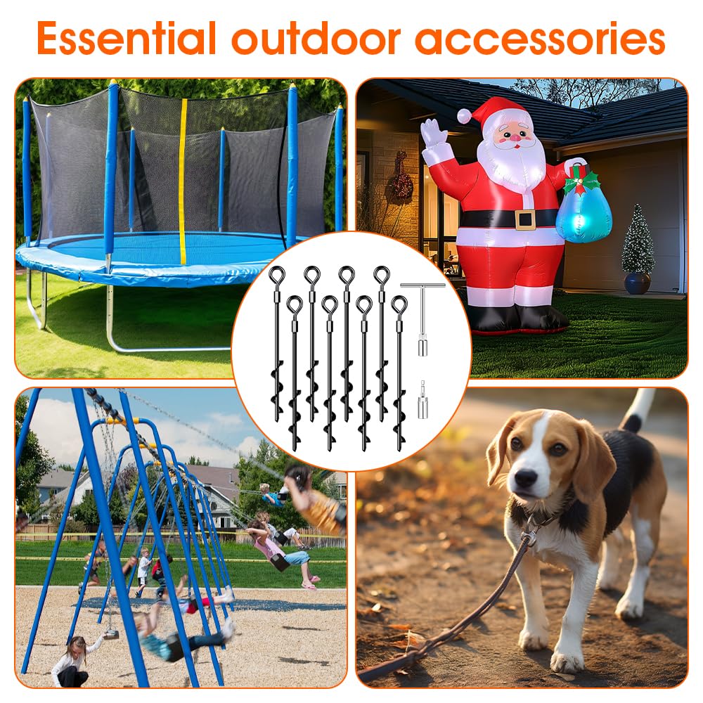 Ground Anchors, Trampoline Anchors Heavy Duty Screw in Ground Anchors 8Pack，Tent Stakes for Camping Tent, Trampoline, Canopies, Carports, Sheds, Swing Sets,14in Ground Anchors for High Winds, Black