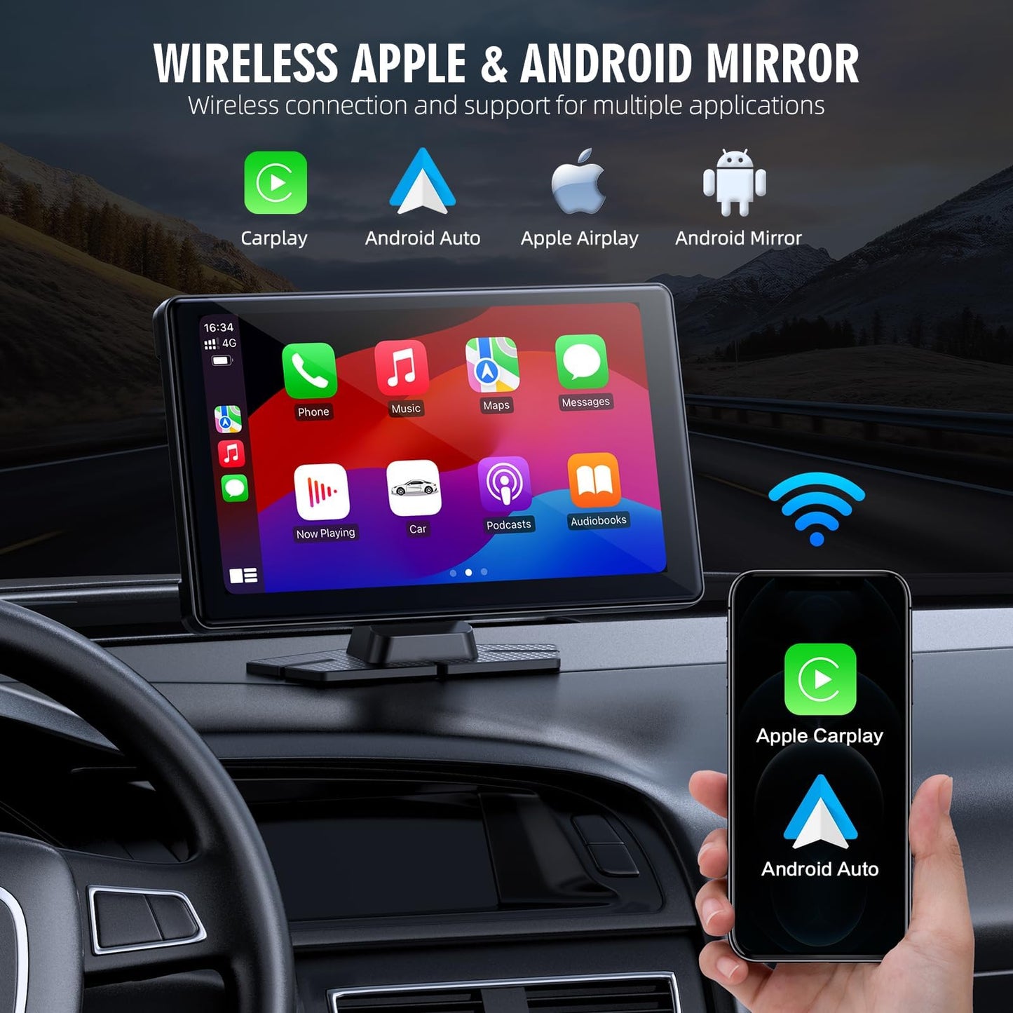 Portable Wireless Carplay Screen, PBYRD 9" Touchscreen with 4K HD Front Camera, Car Stereo with Apple Carplay & Android Auto, Mirror Link/Voice Control/Bluetooth/GPS Navigation-2025 New