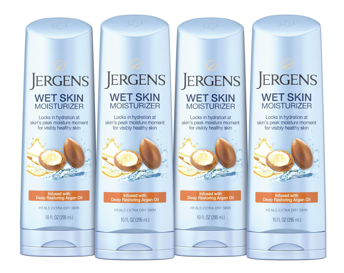 Jergens Wet Skin Body Moisturizer with Restoring Argan Oil, In Shower Lotion, Moisturizer for Dry Skin, Fast-Absorbing, Non-Sticky, 10 Ounces (Pack of 4), Dermatologist Tested (Packaging May Vary)