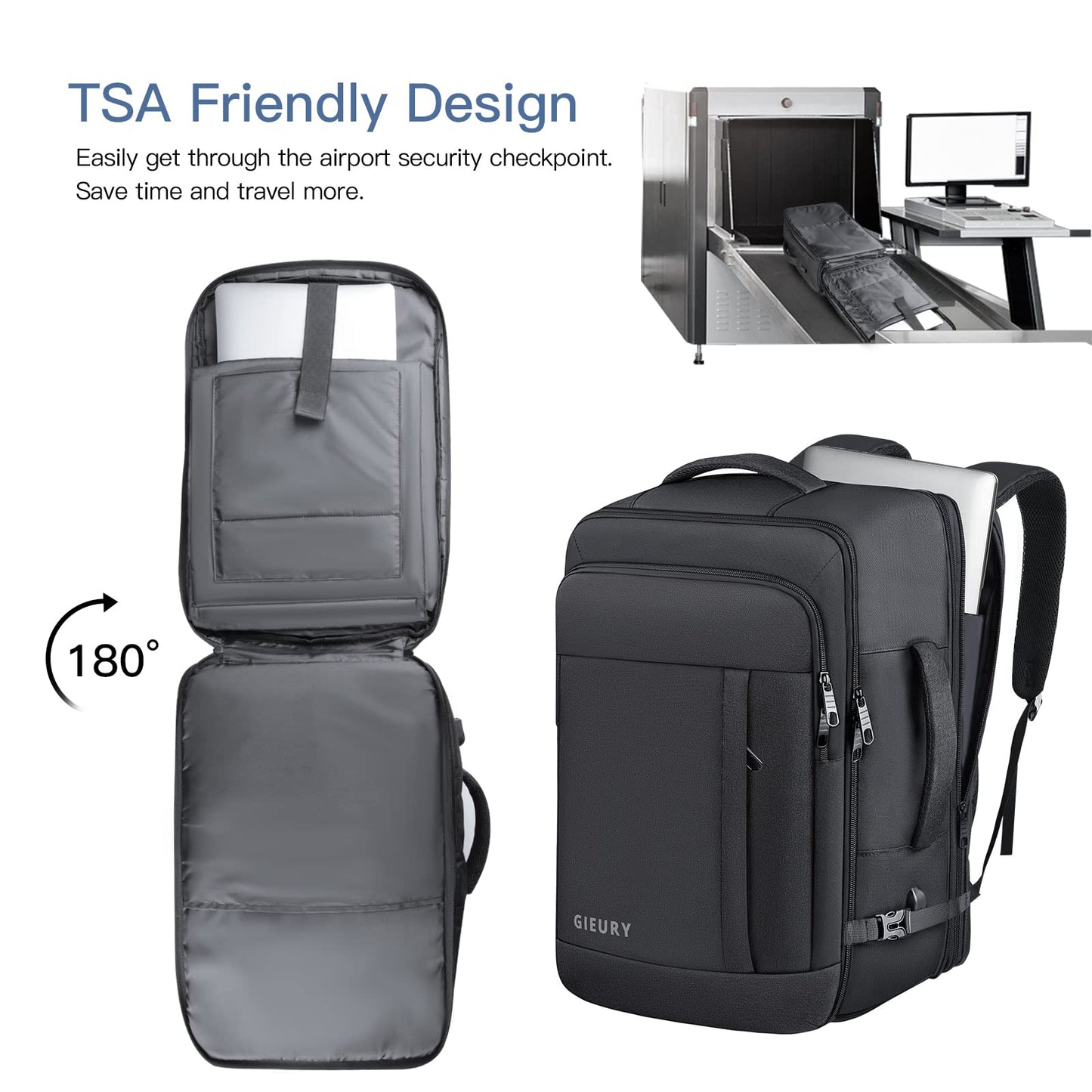 Gieury Carry On Backpack, 50L Travel Backpack, Luggage Backpack TSA Flight Approved Laptop Backpack for Men & Women, Large Expandable Backpack 40L Daypack Lightweight Business Weekender Bag, Black