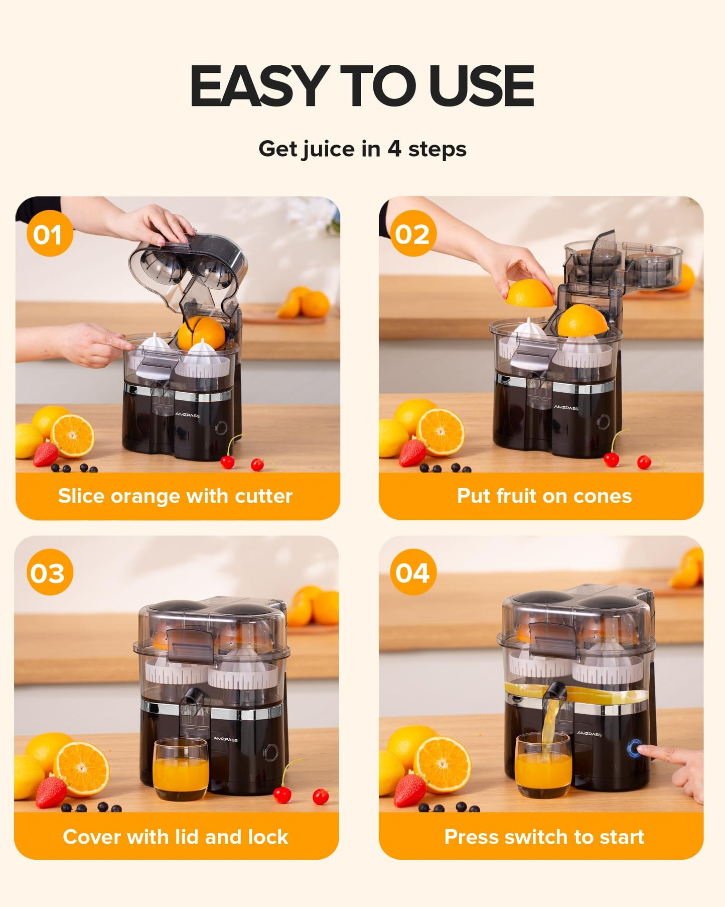 Amzpass Dual-Head Electric Citrus Juicer, Lemon Squeezer with Power Cord and Cleaning Brush, 1-Button Automatic Juicer Machine for Orange, Lemon, Lime, Easy to Clean & Use, Built-in Cutter(Black)