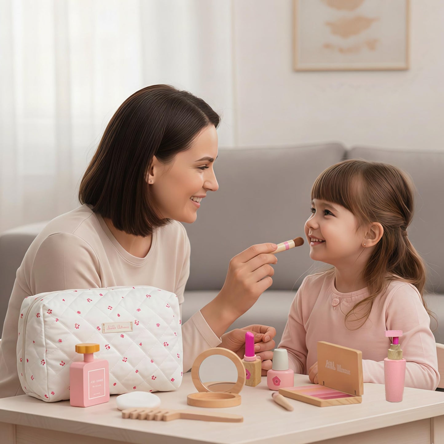 ManManLine Wooden Pretend Makeup Toy Set for Girls, Realistic Cosmetic Kit with Lipstick & Mirror, Pretend Play Gift for Toddlers & Kids Ages 3-8