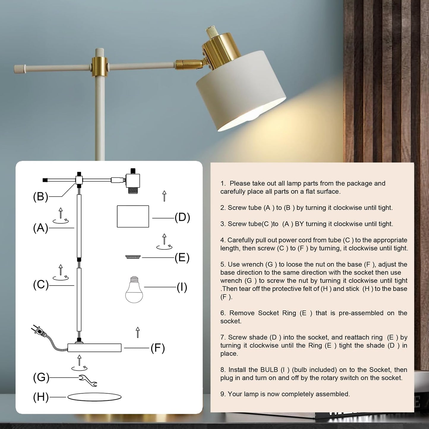 OYEARS 22.2" Modern Desk Lamp, Metal Table Lamp with LED Bulb, Adjustable Reading Lamps for Living Room, Mid Century Task Lamp for Home Office, Industrial Bedside Lamps, Cream and Gold
