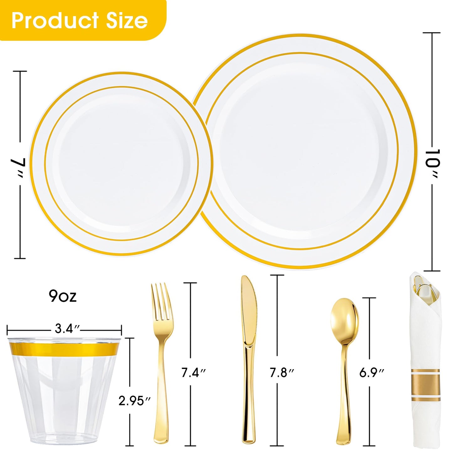 Ciselure 350PCS Gold Plastic Plates Dinnerware Set, Thanksgiving Disposable Plates, 50 Dinner and 50 Dessert Plates, 50 Pre Rolled Napkins with Silverware and 50 Cups for Party and Wedding