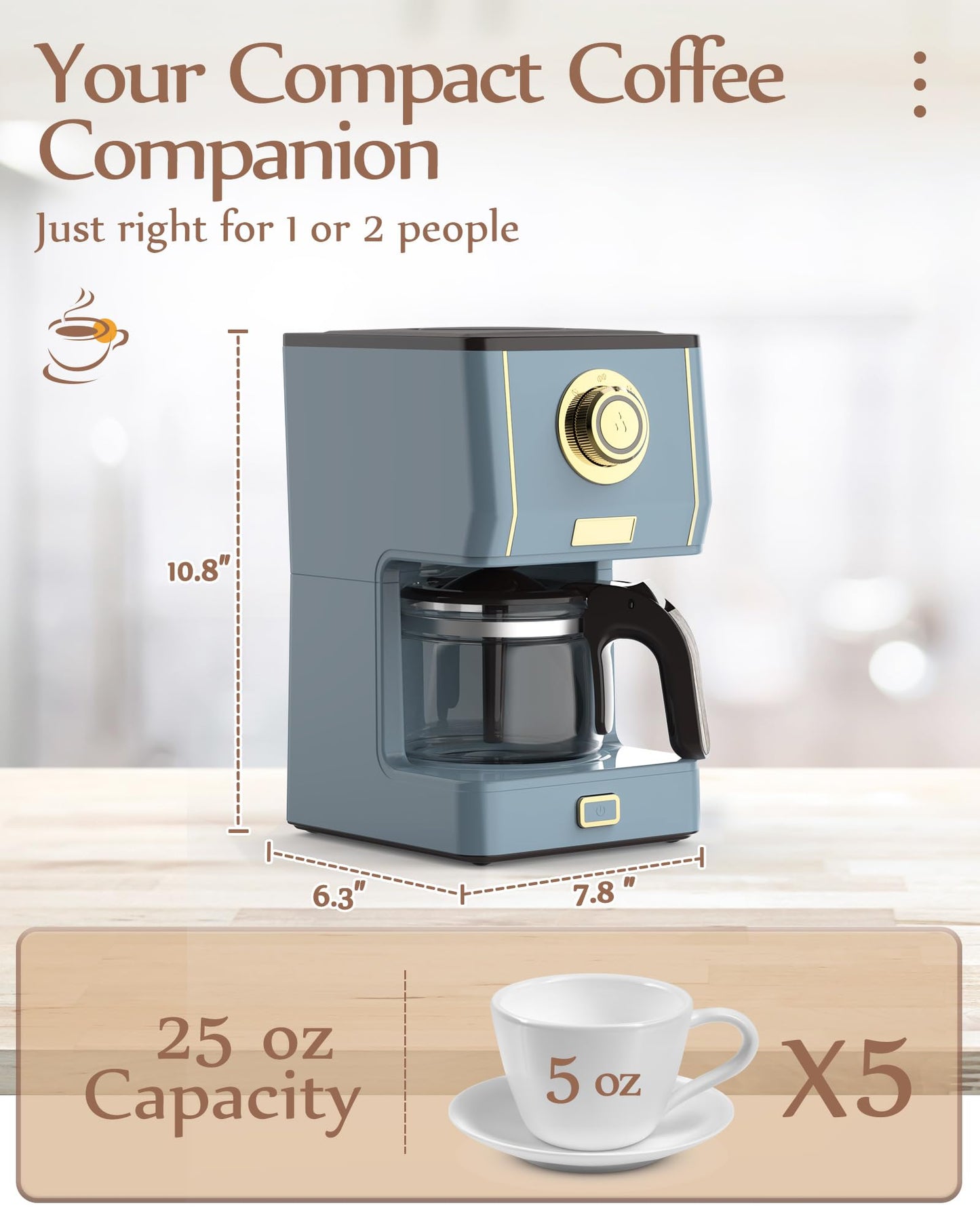 Amaste Coffee Maker, 5 Cup Coffee Pot with Three Brewing Modes, Retro Coffee Maker with Glass Carafe & Reusable Coffee Filter, Drip Coffee Maker Ideal for Home or Office, Keep Warm, Ash Blue