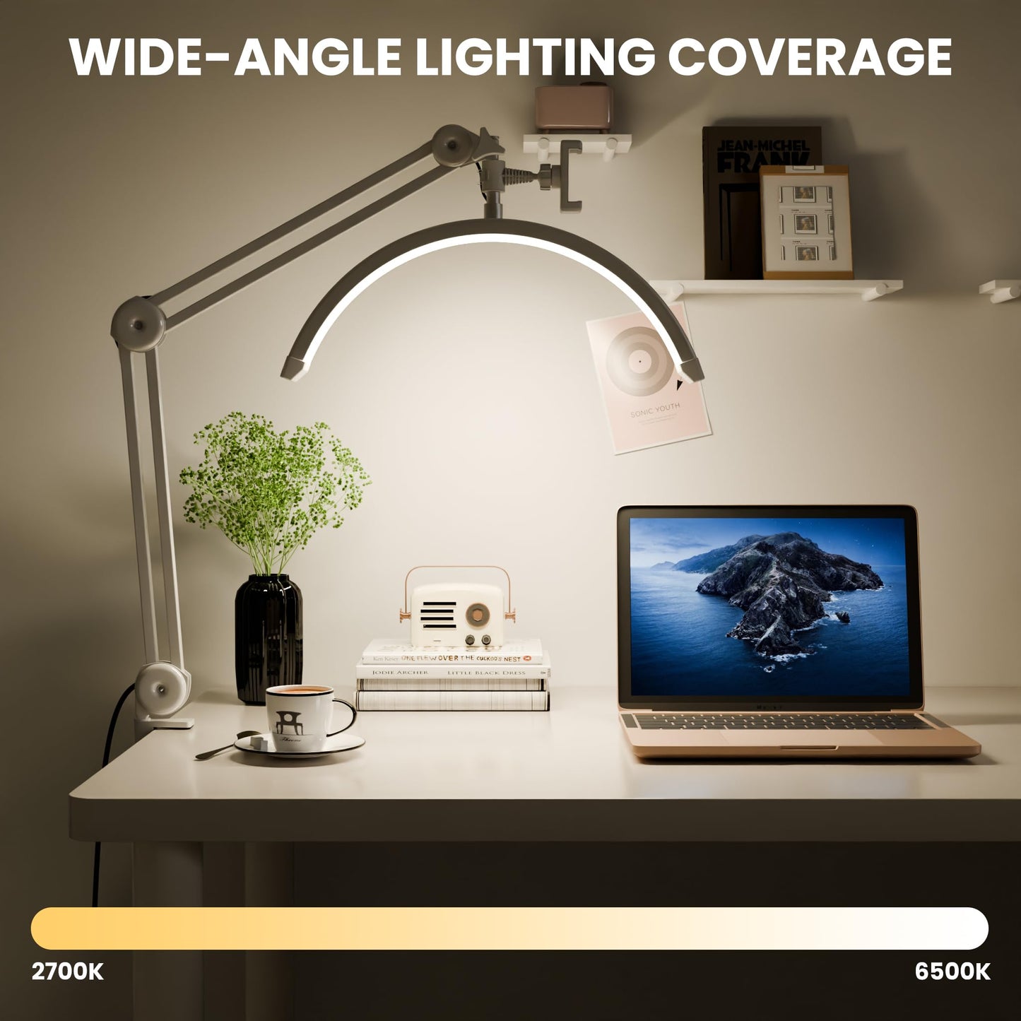 gelpal 3000 Lm Adjustable LED Half Moon Light with Clamp & Task Lamp - Bright, Dimmable Lighting for Office, Crafts, Nails &Salon, Remote Control (CCT，White)