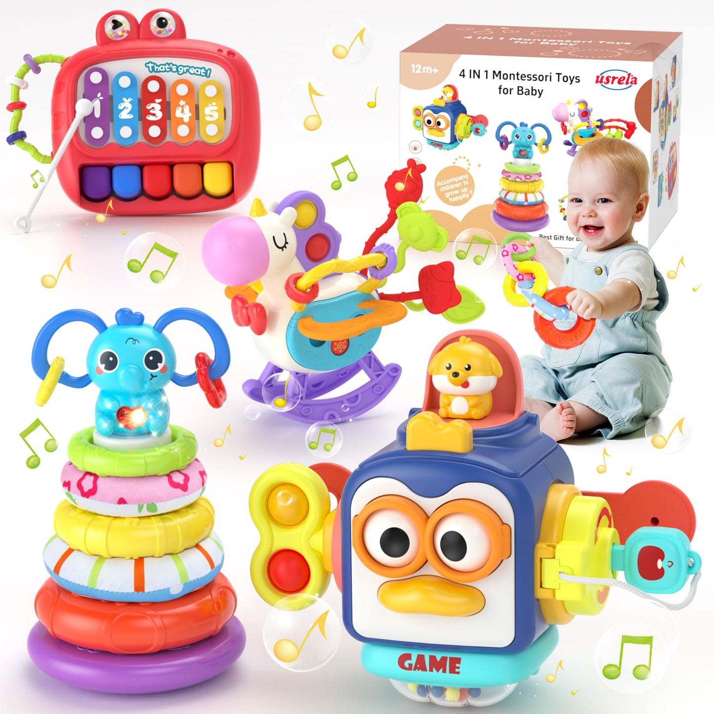 usrela 4 in 1 Baby Toys for 6 12 18 Month, Learning Toys for Babies 6-12 Months, Busy Cube, Stacking Sorter, Piano Xylophone Pull String Travel Toy, Birthday Gifts for Toddlers 1 2 Years Old