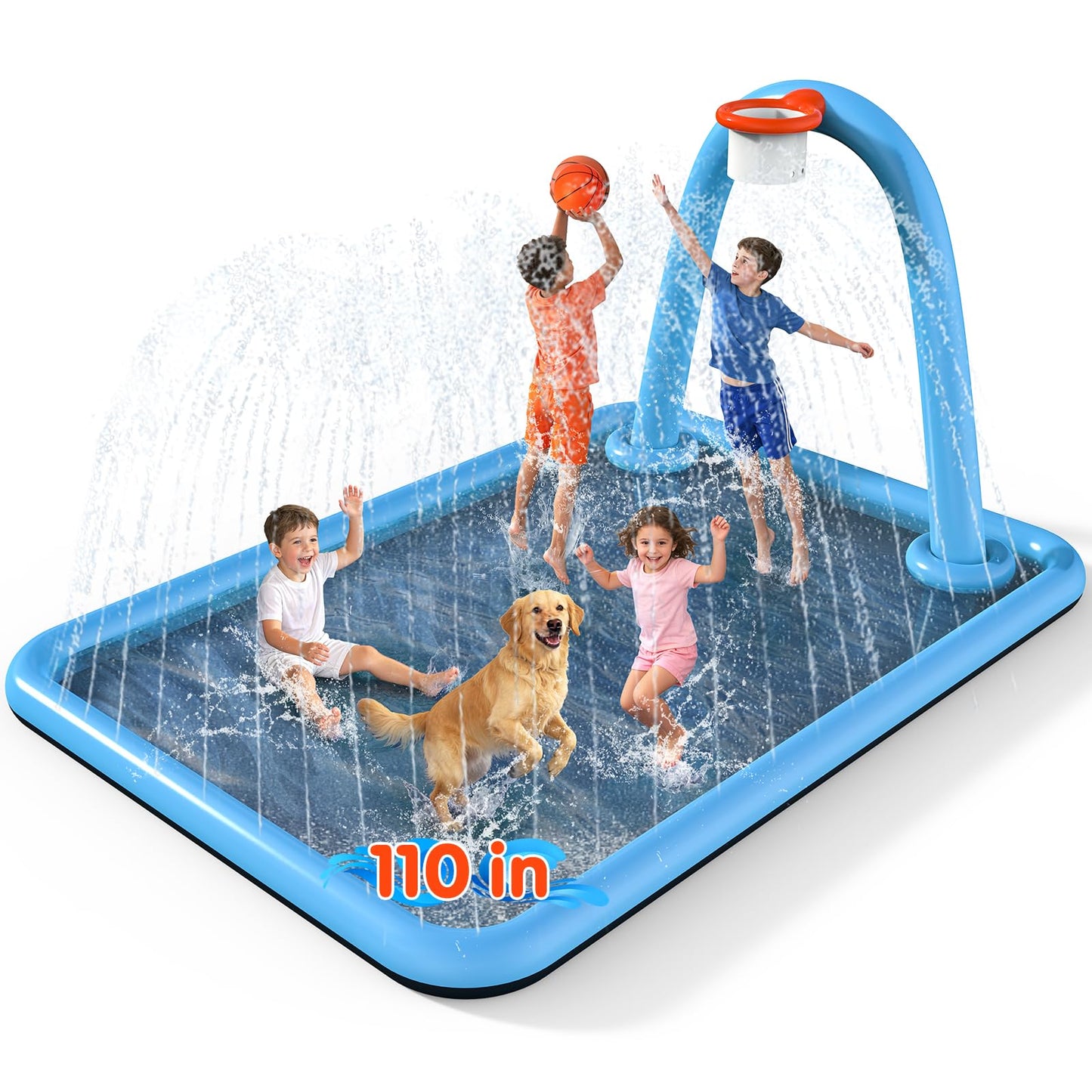 Instraella Splash Pad for Kids, 110 x 91'' Large 2-in-1 Sprinkler Mat with Basketball Hoop, Inflatable Splash Pad for Backyard Outdoor Water Play, Summer Water Toys for Boys and Girls