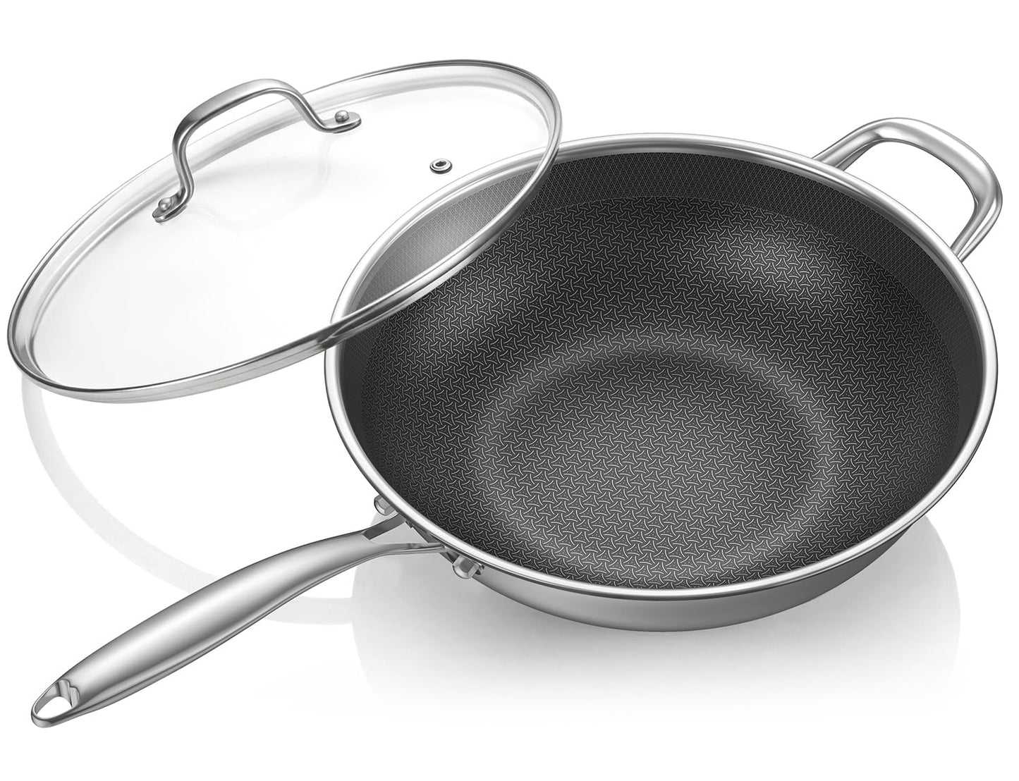 Uven Traoqq 12.5-Inch Hybrid Stainless Steel Wok Pan with Lid, Laser-Textured Nonstick Stir Fry Pan, PFOA-Free, Induction Compatible, Oven & Dishwasher Safe for All Cooktops