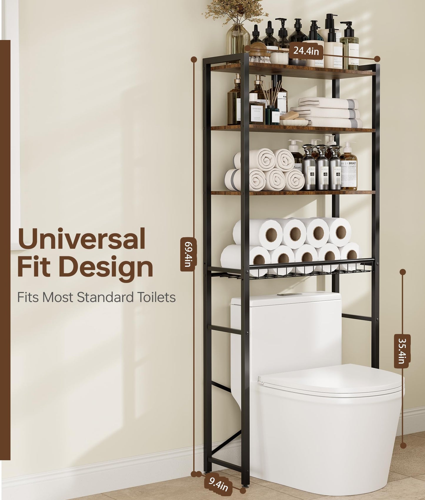 4-Tier Over-the-Toilet Storage Rack with One-Piece Wooden Shelves & Open Net Basket, Bathroom Organizer with Adjustable Feet & Anti-Tip Kit, Space-Saving Toilet Shelf, Brown, 24.4" x 9.4" x 69.3"